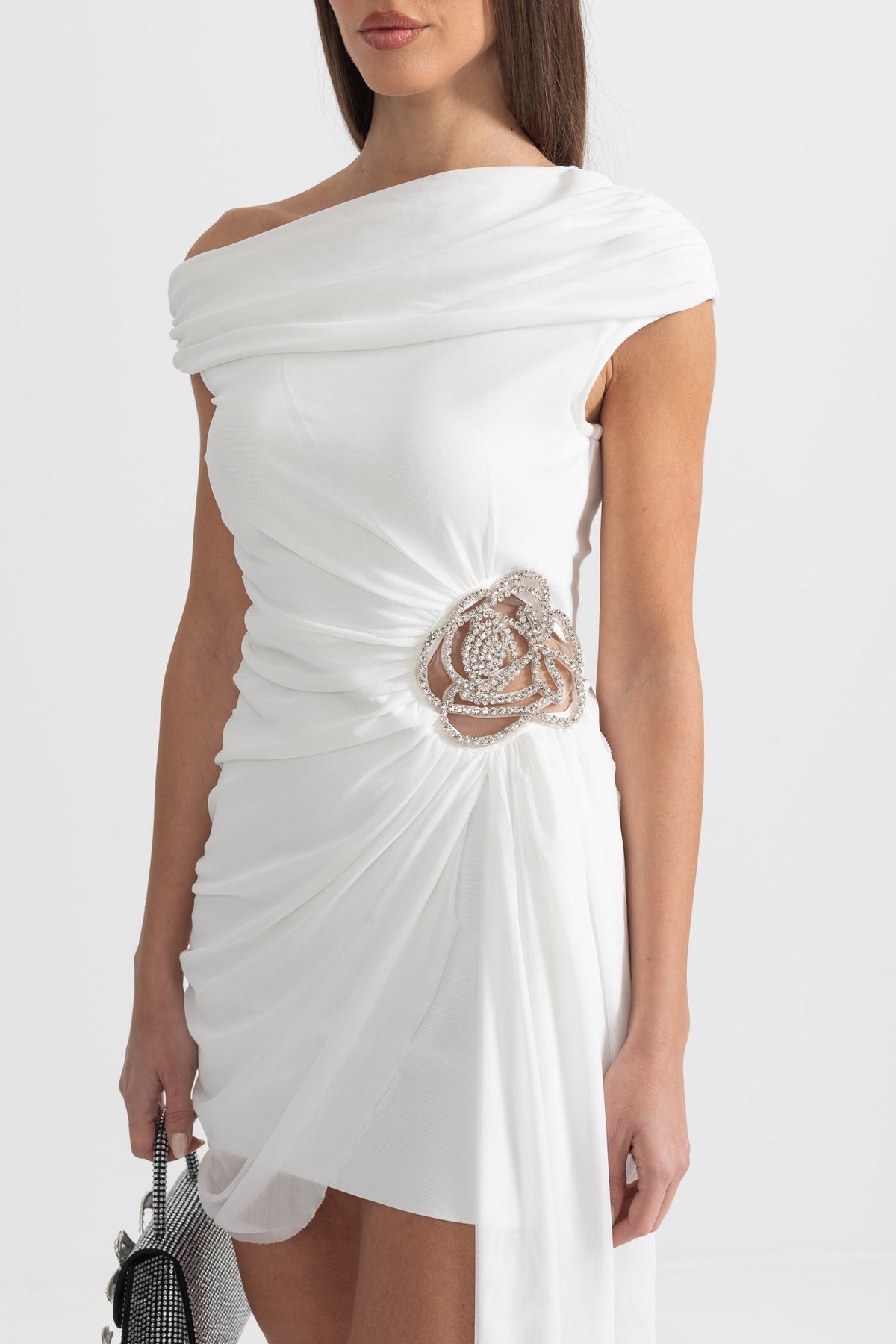 One Shoulder Ruched Draped Rhinestone Floral Brooch Side Panel Mini Dress - View 2