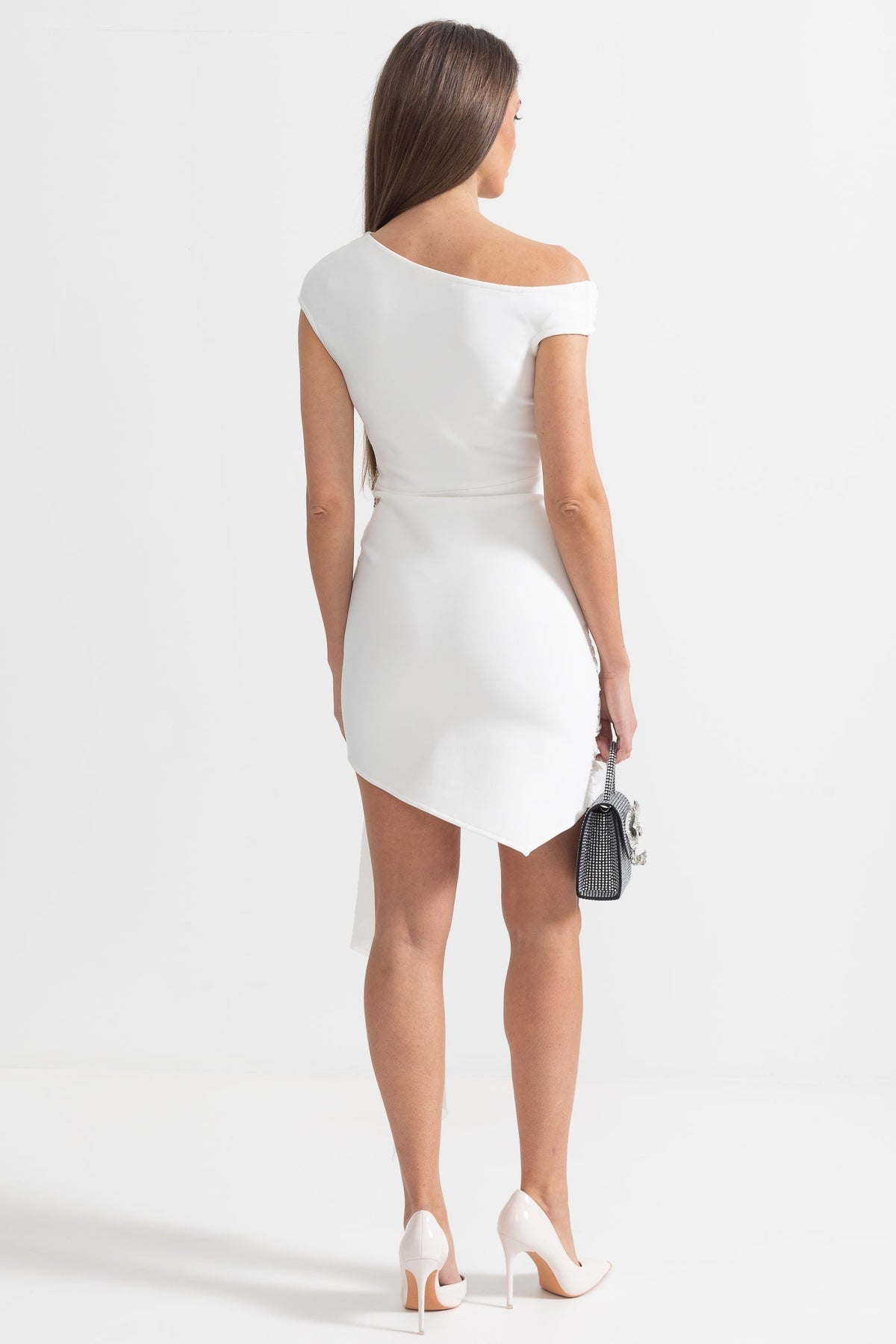 One Shoulder Ruched Draped Rhinestone Floral Brooch Side Panel Mini Dress - View 9