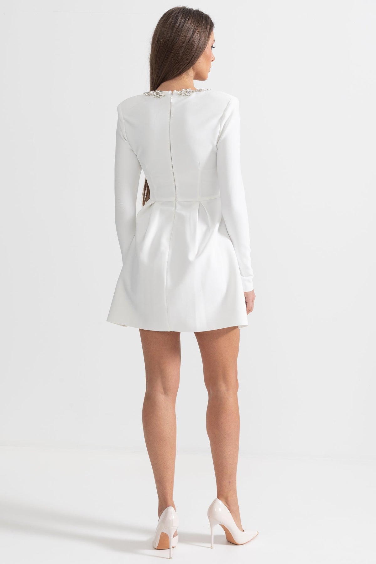 Square Neck Rhinestone Trim Long Sleeve Pleated A-Line Mini Dress - View 10