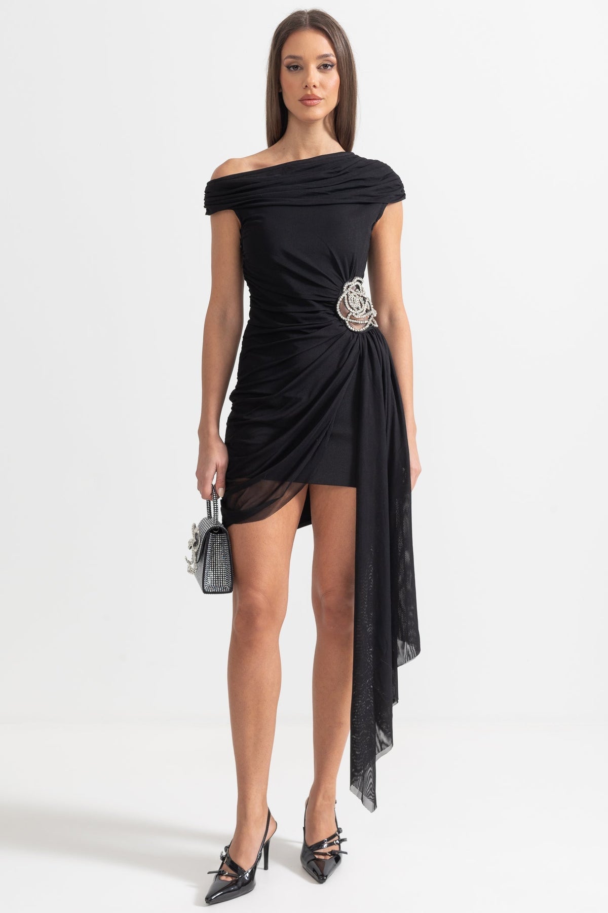 One Shoulder Ruched Draped Rhinestone Floral Brooch Mini Dress