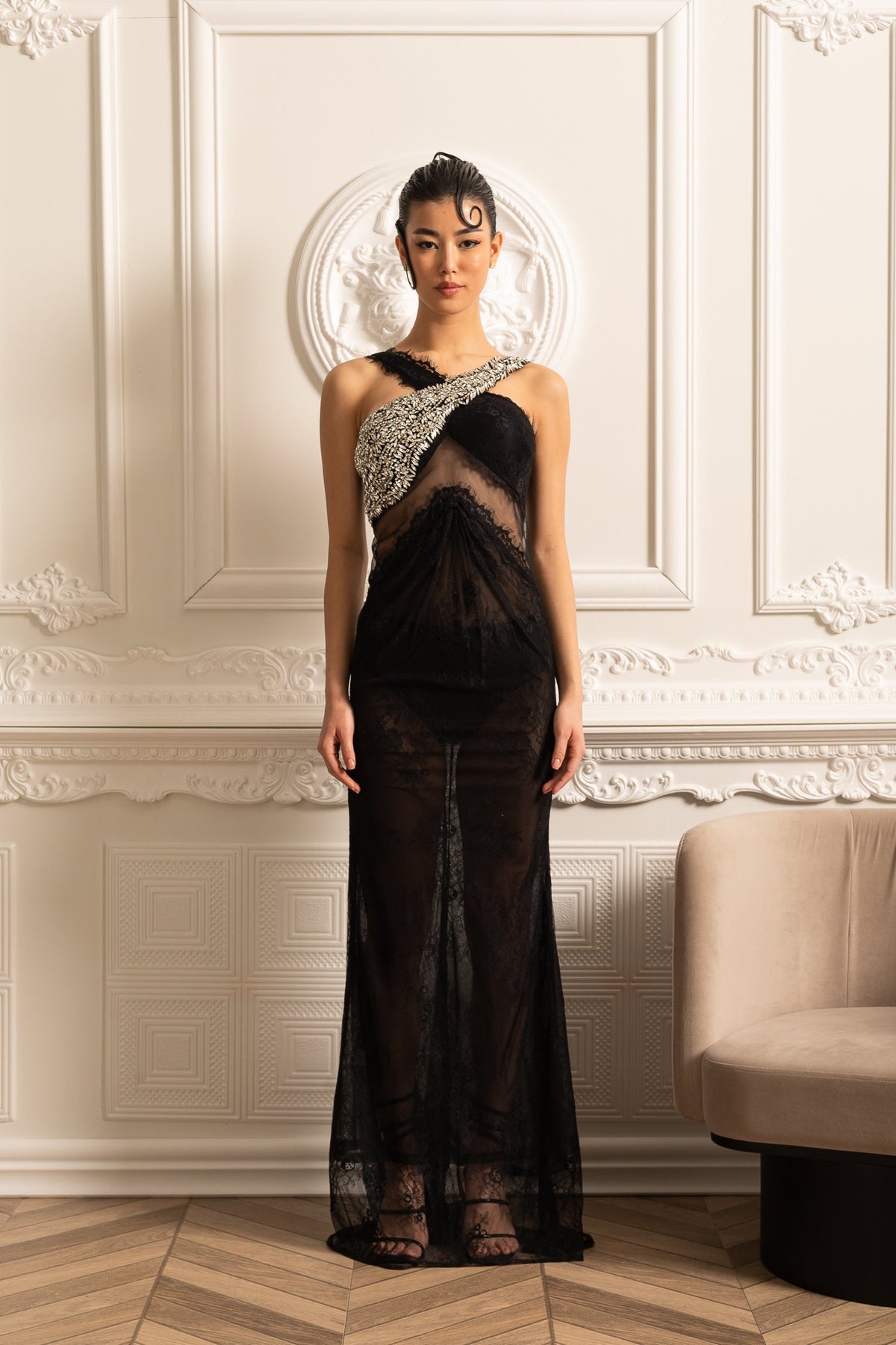 Lace One Shoulder Rhinestone Embellished Sheer Overlay Maxi Gown - View 4