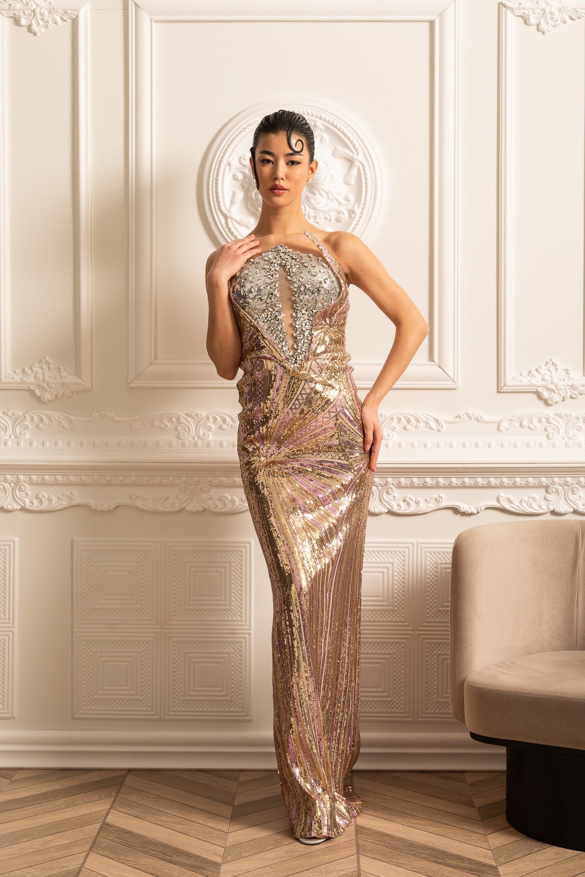 Sequin Halter Neck Keyhole Cut Out Radial Pattern Maxi Gown - View 5