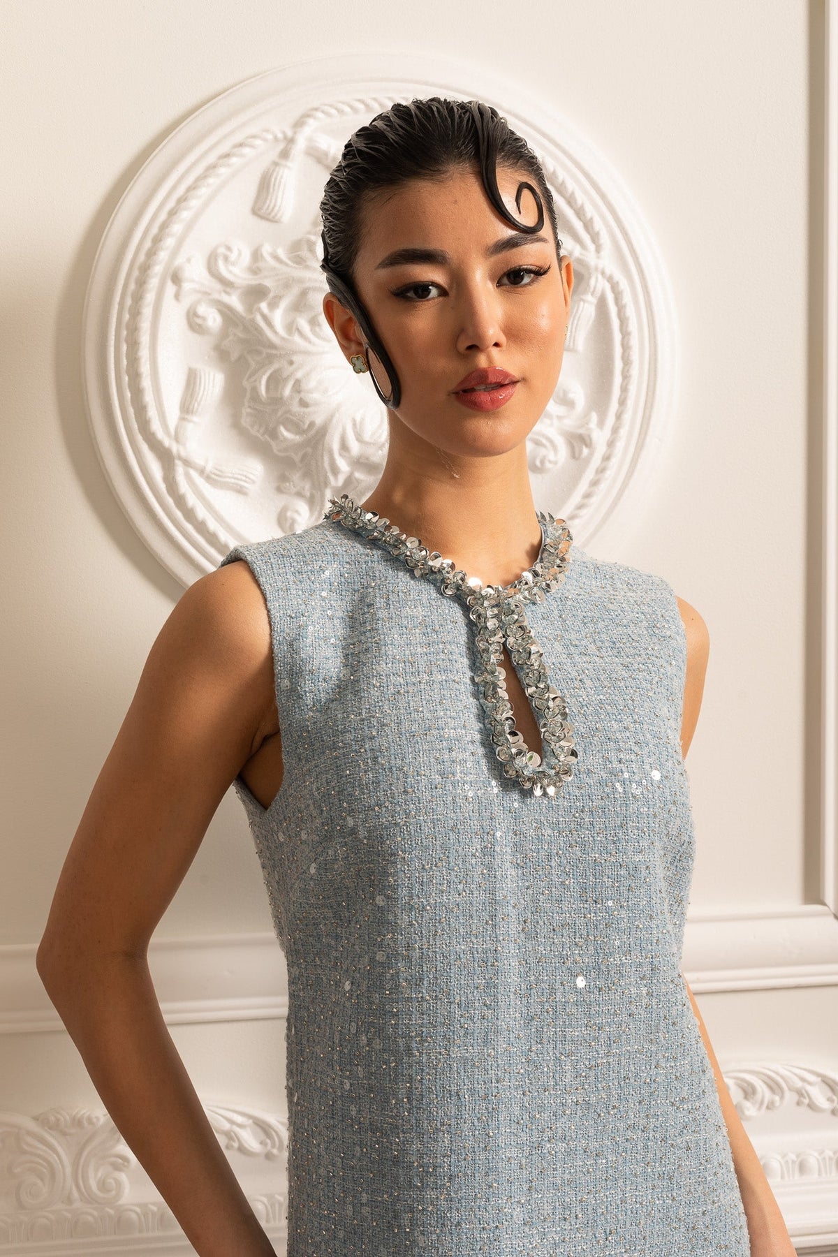 Rhinestone Keyhole Neck Sequin Bouclé Sleeveless A-Line Mini Dress - View 8