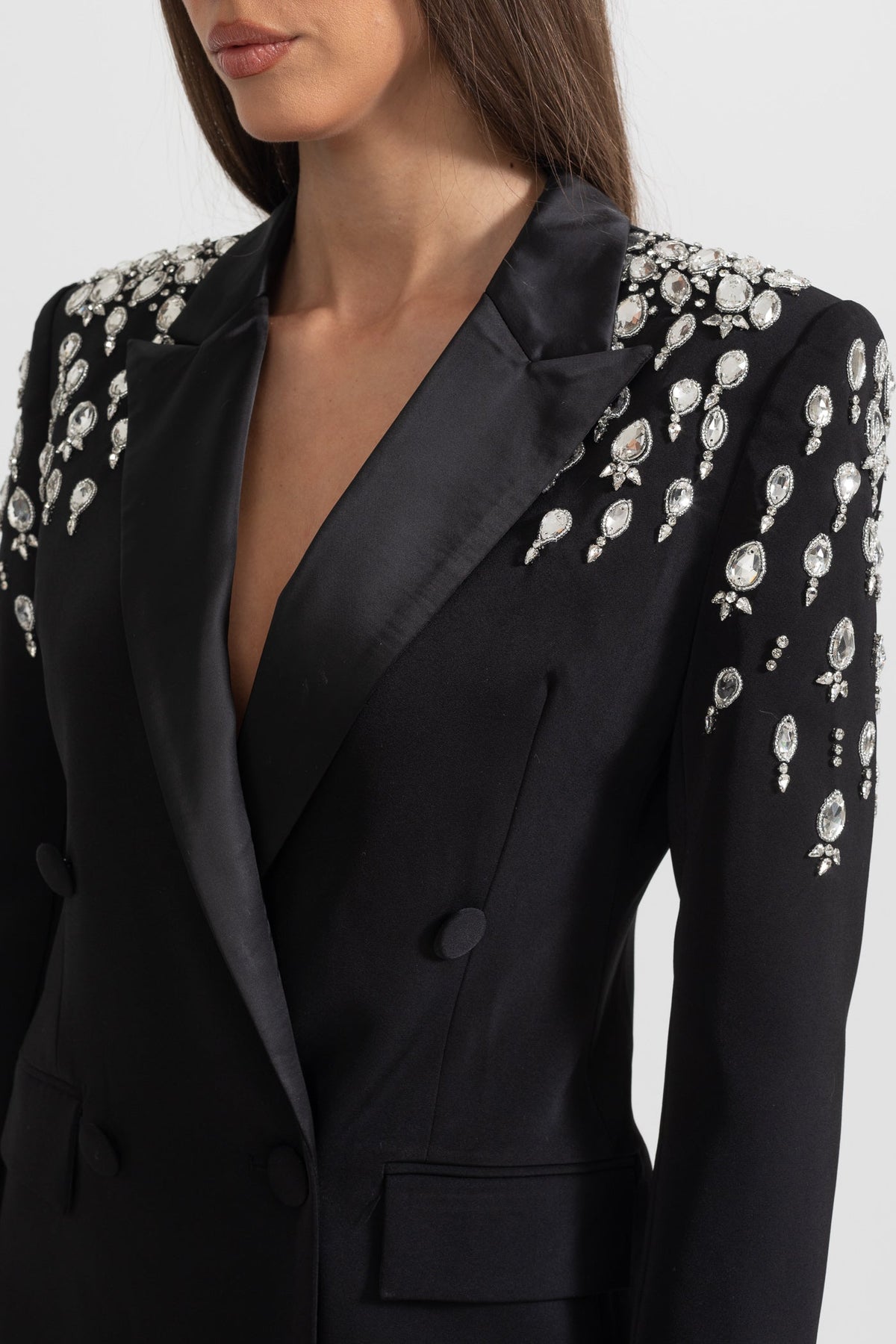 Satin Peak Lapel Rhinestone Shoulder Double Breasted Mini Dress - View 9