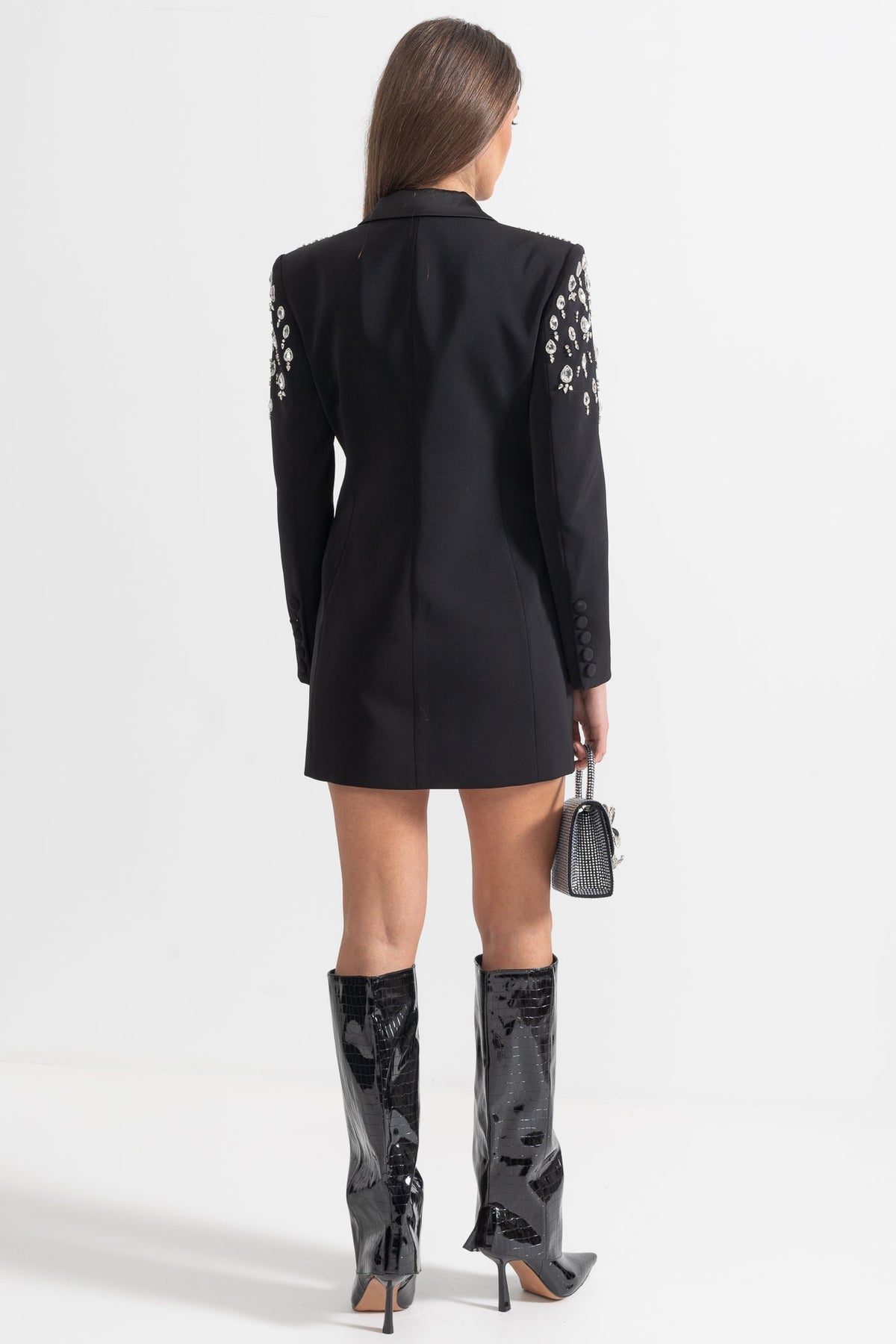 Satin Peak Lapel Rhinestone Shoulder Double Breasted Mini Dress - View 10