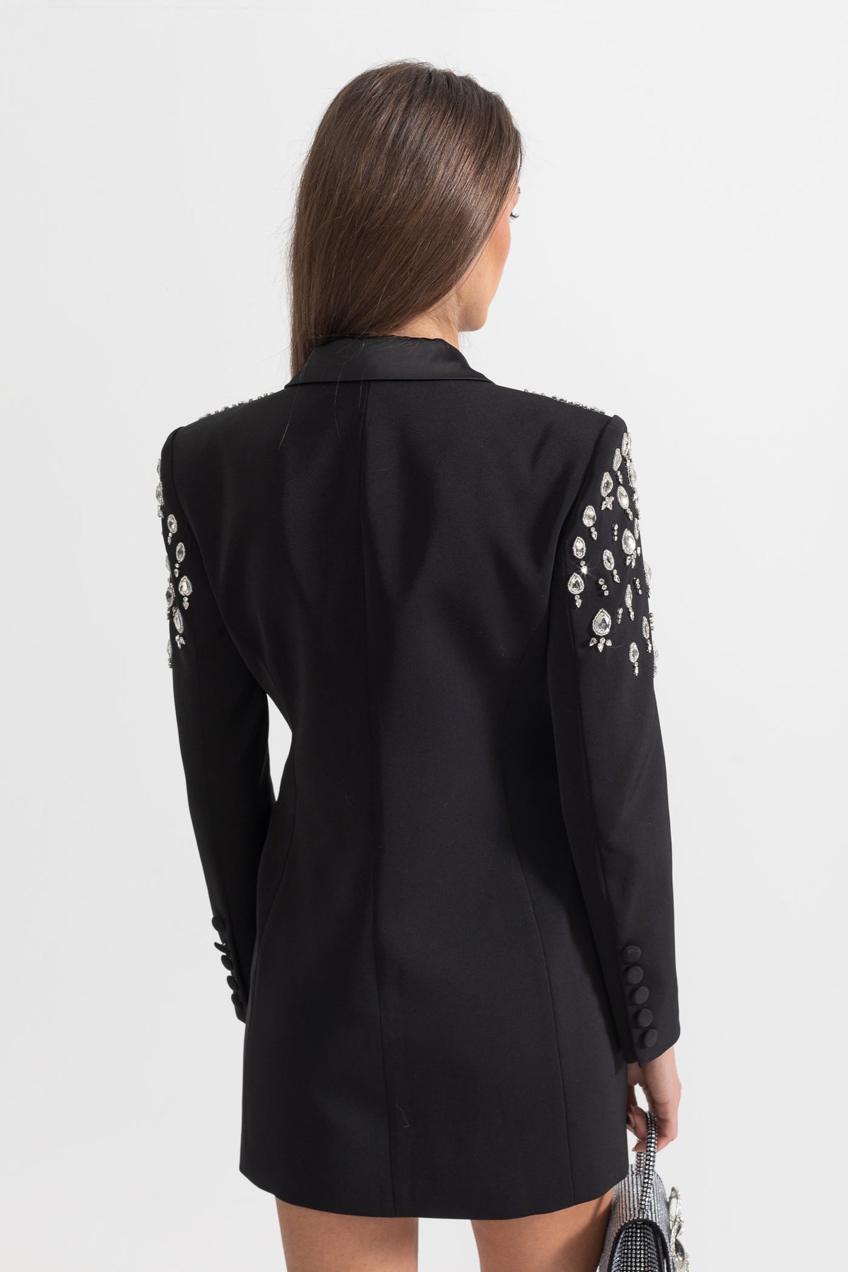 Satin Peak Lapel Rhinestone Shoulder Double Breasted Mini Dress - View 11