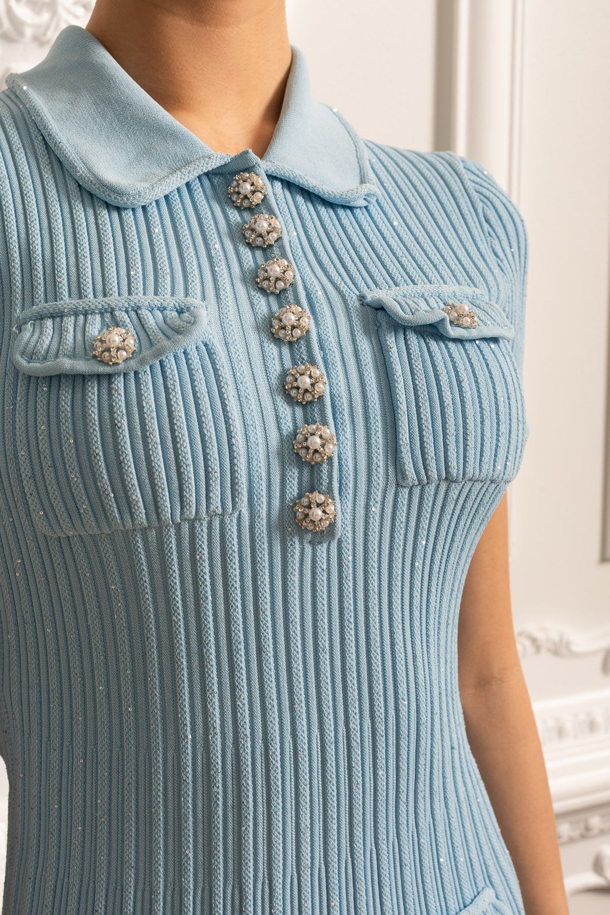 Ribbed Knit Sequin Jewel Button Collar Patch Pocket Ruffle Hem Short Sleeve Mini Dress - View 9