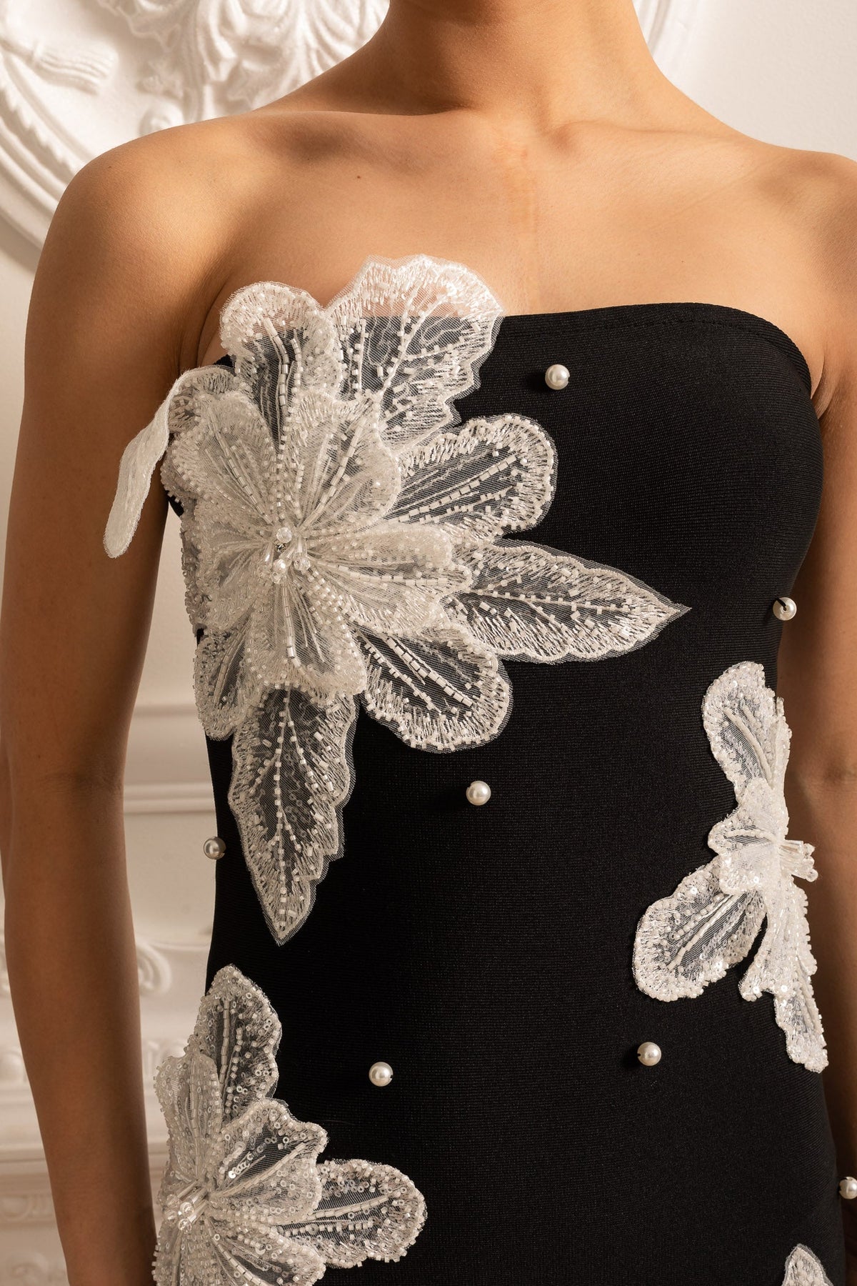 Strapless Mini Dress With Contrasting Lace Flower Embellishments - Black - View 8