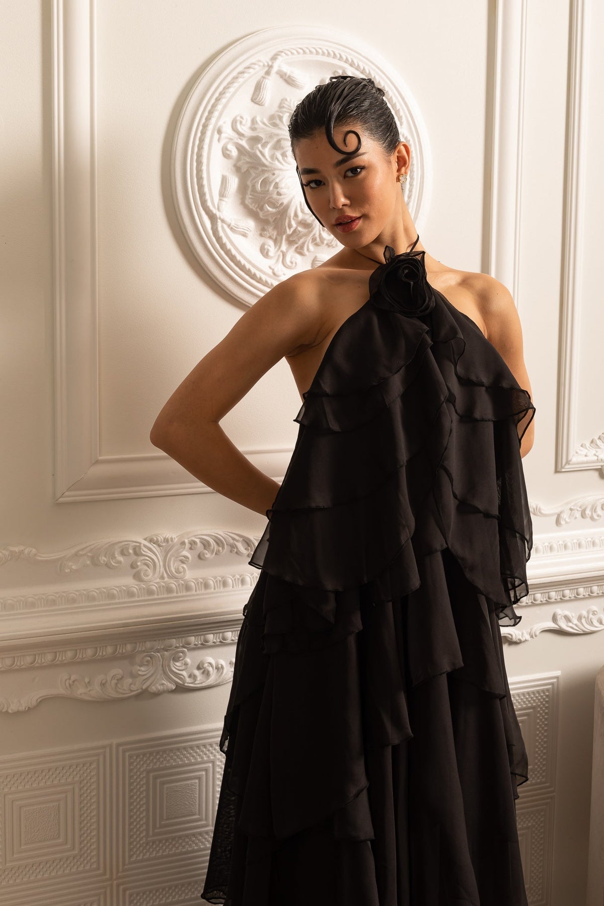 Layered Ruffle Halter Dress With Decorative Neckline Flower - Black - View 8