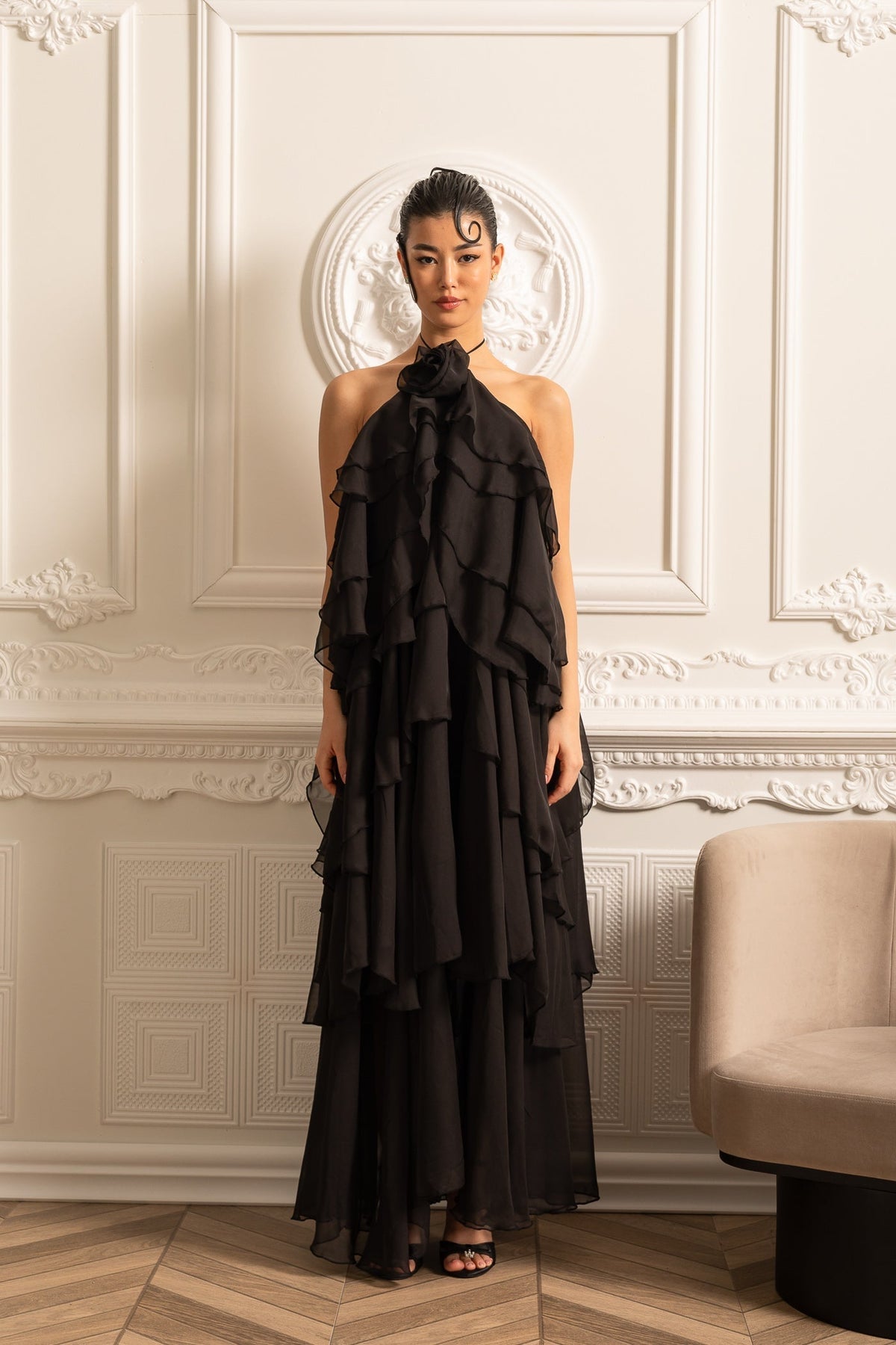 Layered Ruffle Halter Dress With Decorative Neckline Flower - Black - View 10