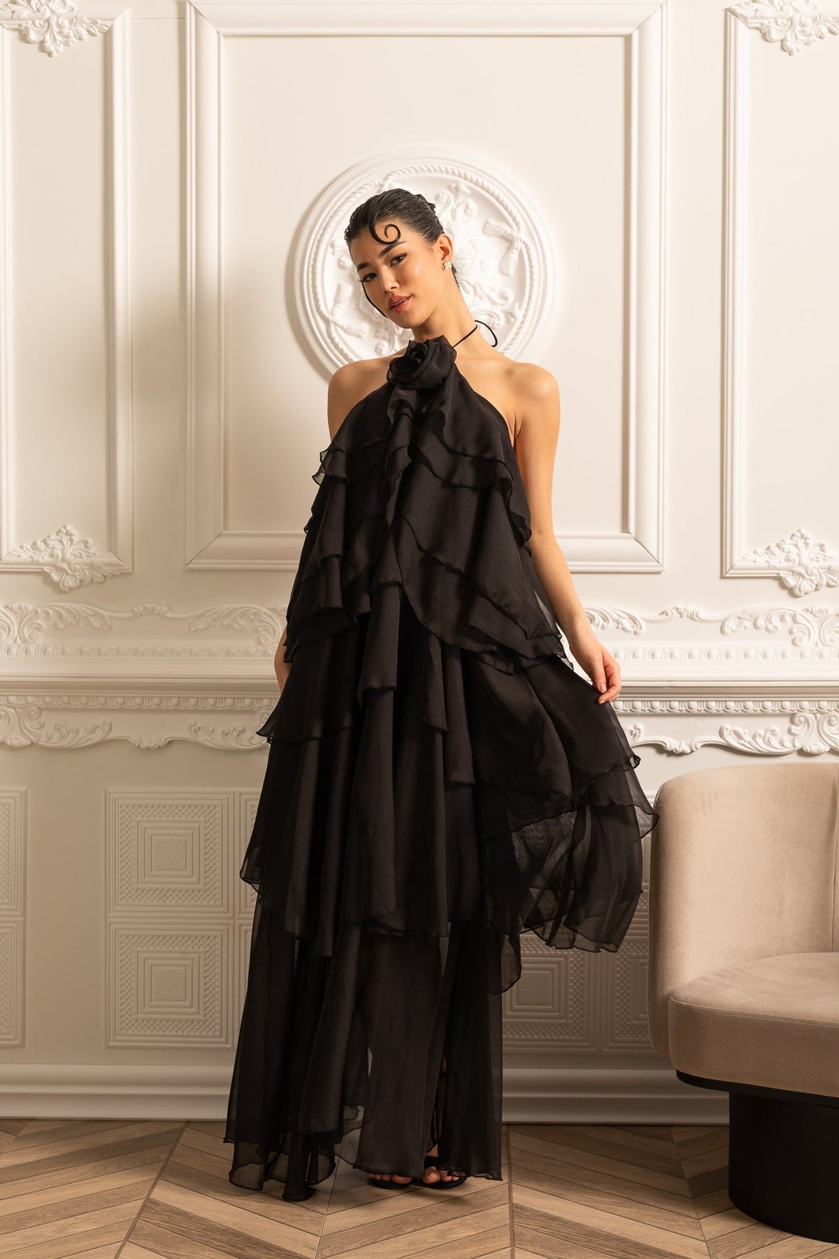 Layered Ruffle Halter Dress With Decorative Neckline Flower - Black - View 11