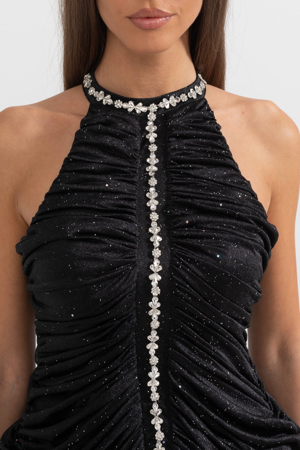 Halter Neck Rhinestone Trim Ruched Glitter Ruffle Hem Mini Dress - View 6