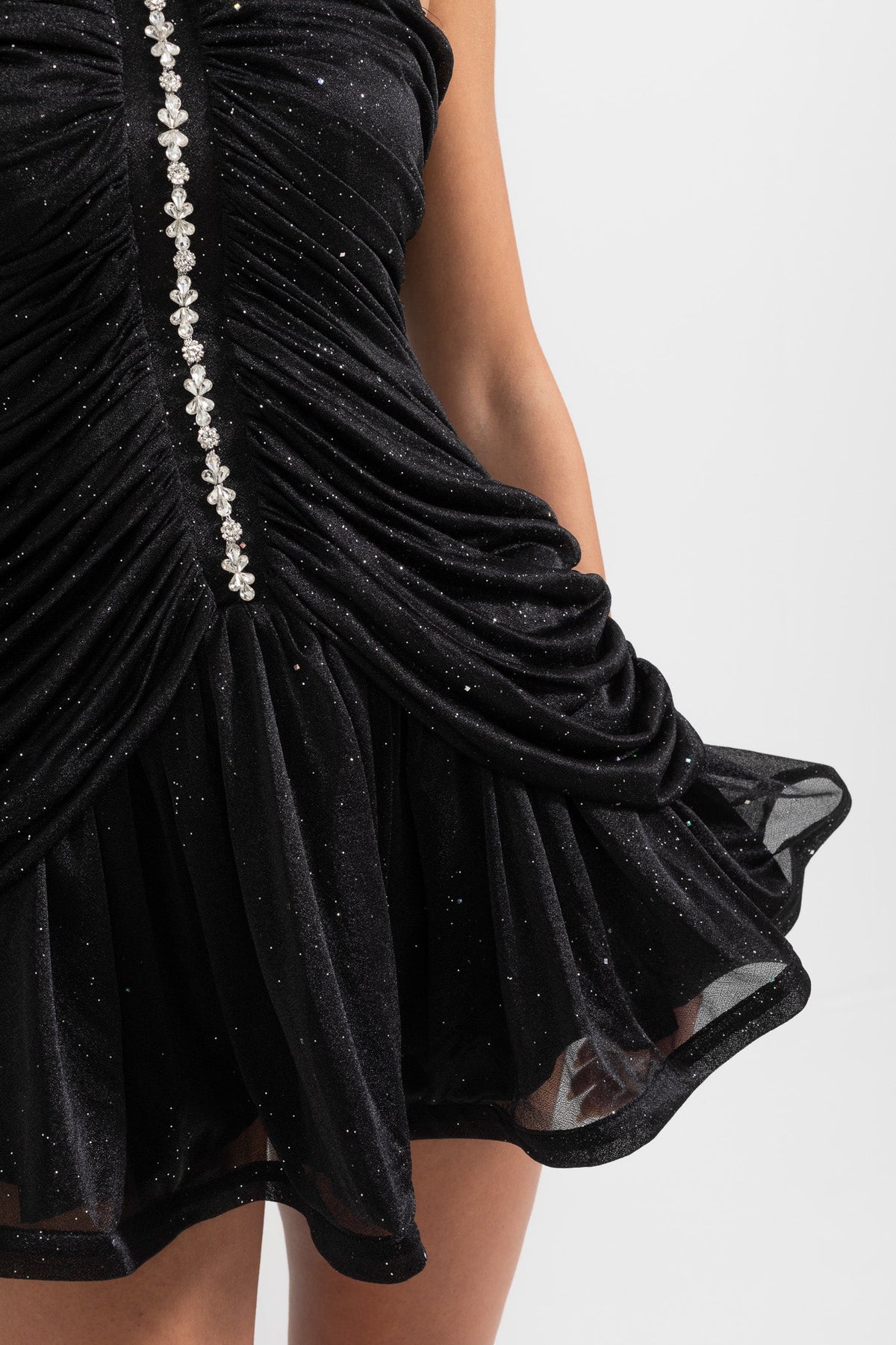 Halter Neck Rhinestone Trim Ruched Glitter Ruffle Hem Mini Dress - View 8