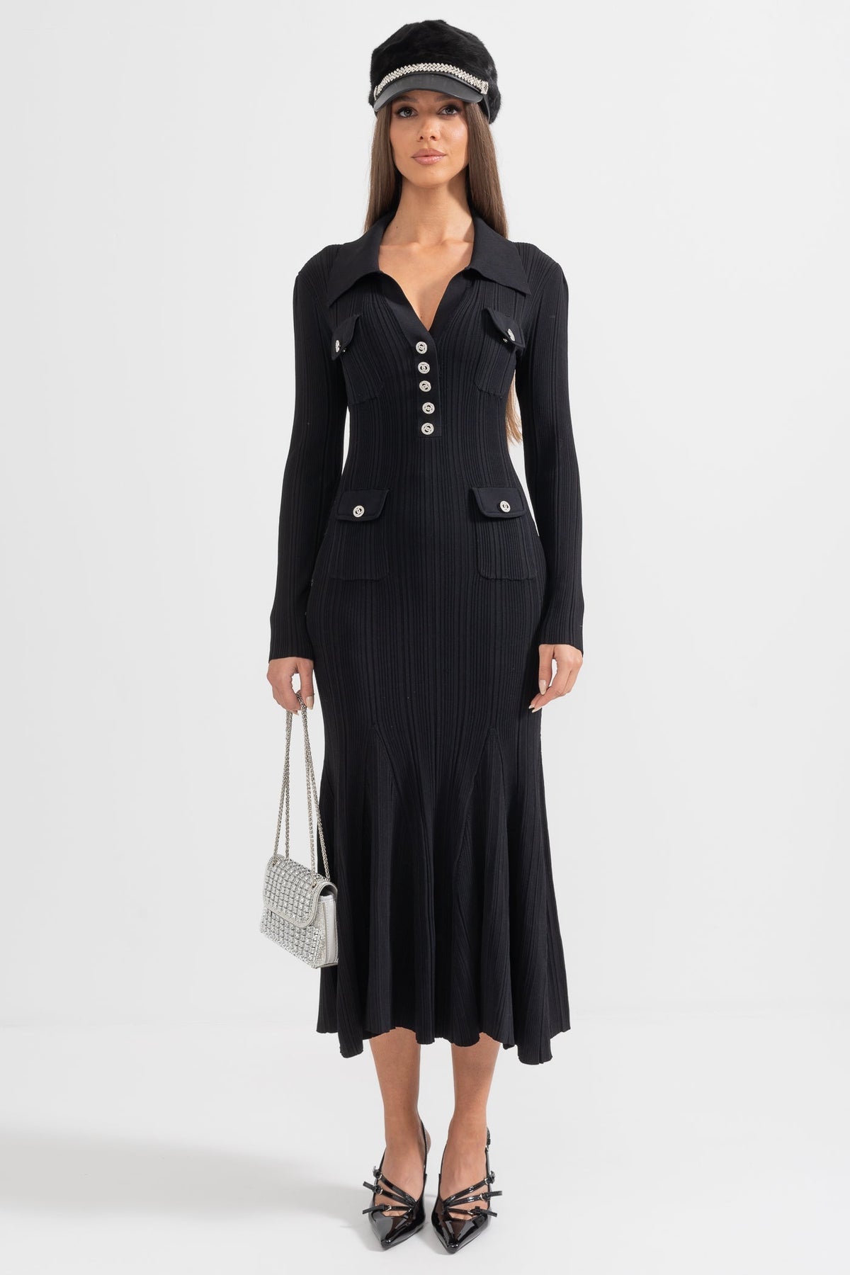 Ribbed Knit Polo Collar V-Neck Jewel Button Flap Pocket Mermaid Hem Midi Dress