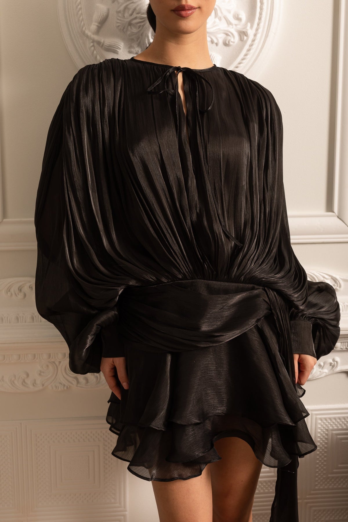 Draped Long-Sleeved Dress with Mini Skirt And Ruched Waistband - Black - View 4