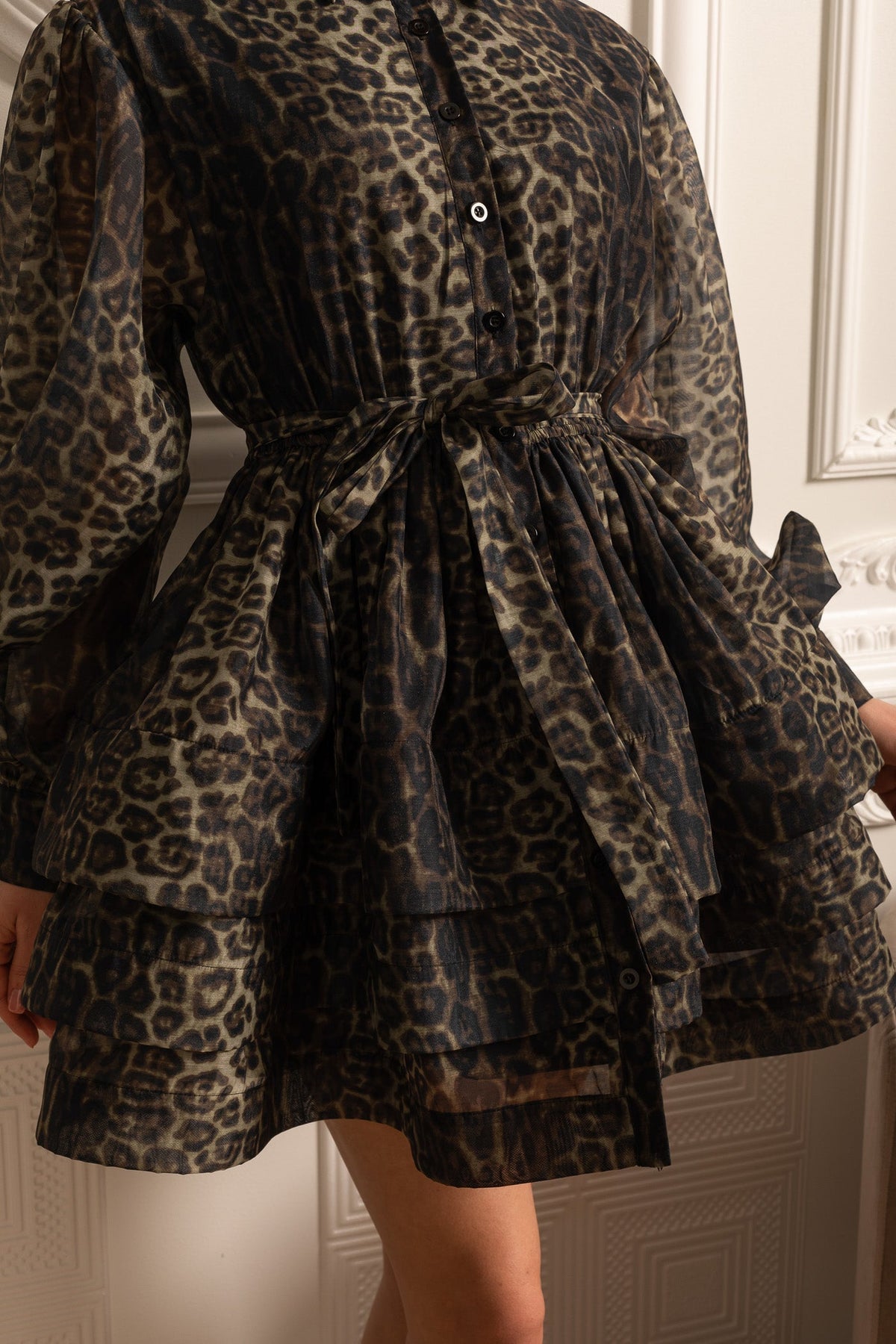 Animal Print Collar Button Front Puff Sleeve Tie Waist Mini Dress - View 9