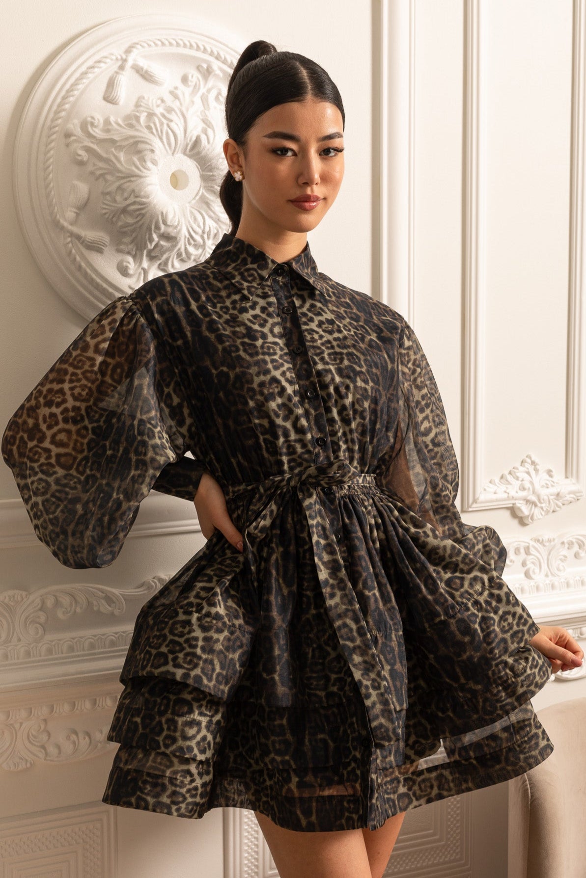 Animal Print Collar Button Front Puff Sleeve Tie Waist Mini Dress