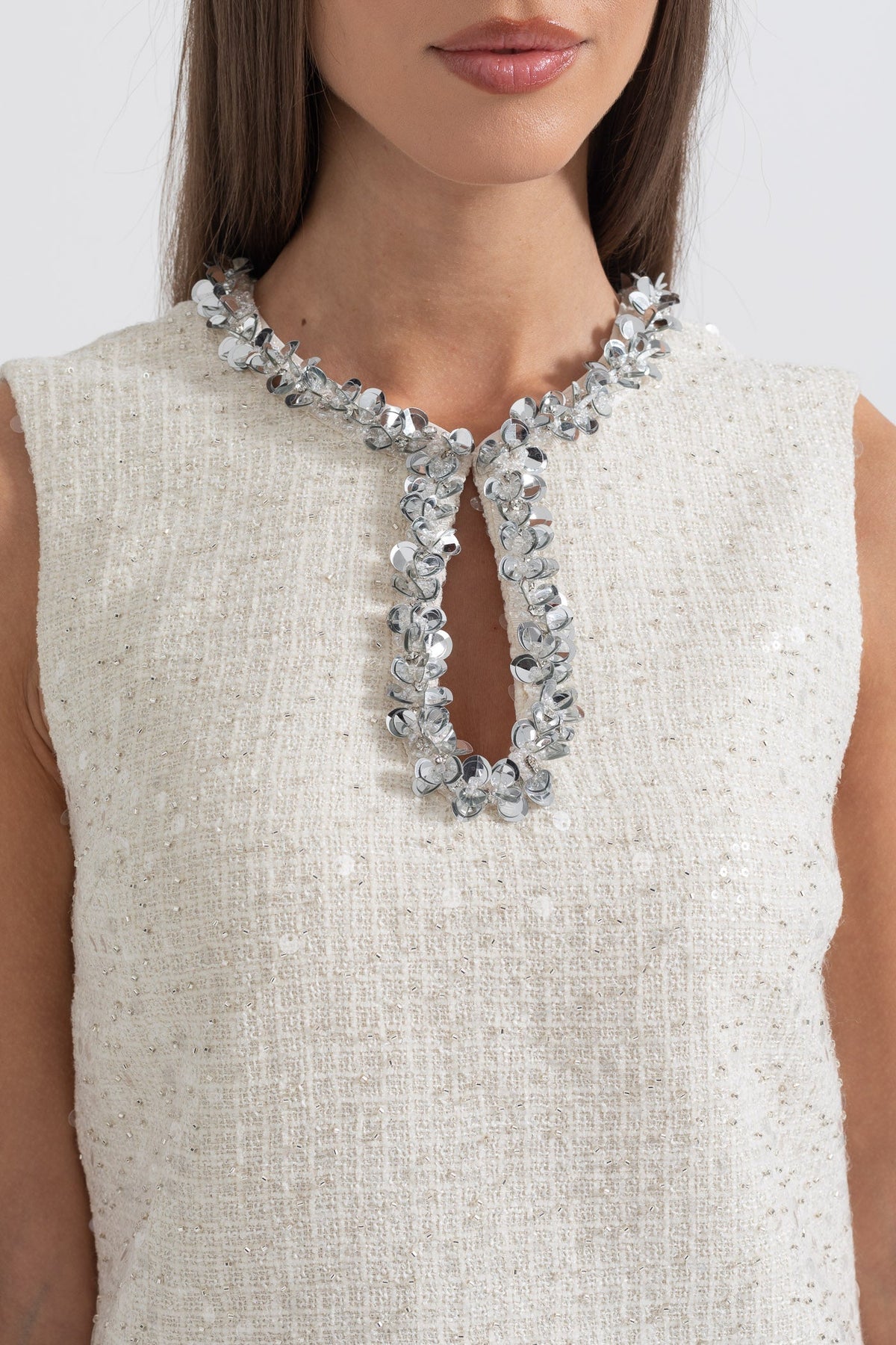 Sequin Tweed Keyhole Neck Crystal Embellished Shift Mini Dress - View 5