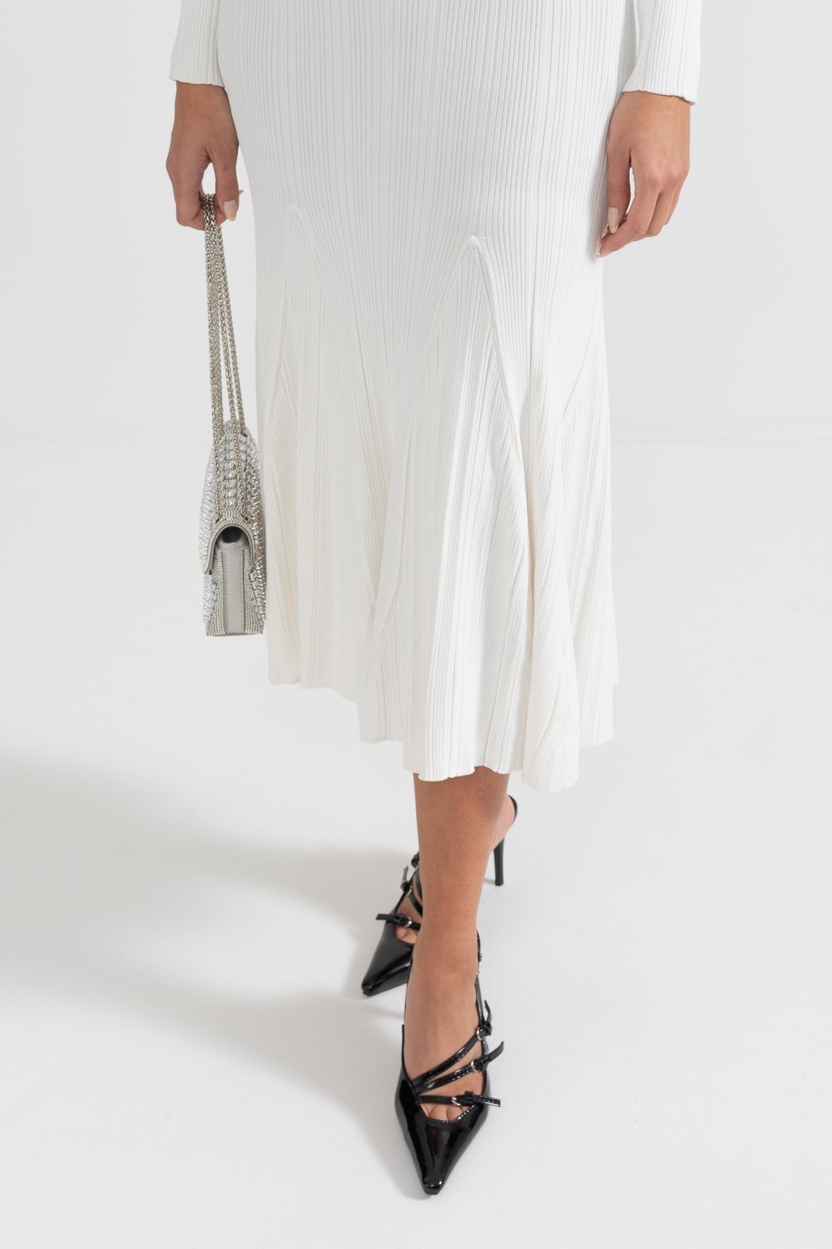 Ribbed Knit Polo Collar V-Neck Jewel Button Flap Midi Dress - View 7