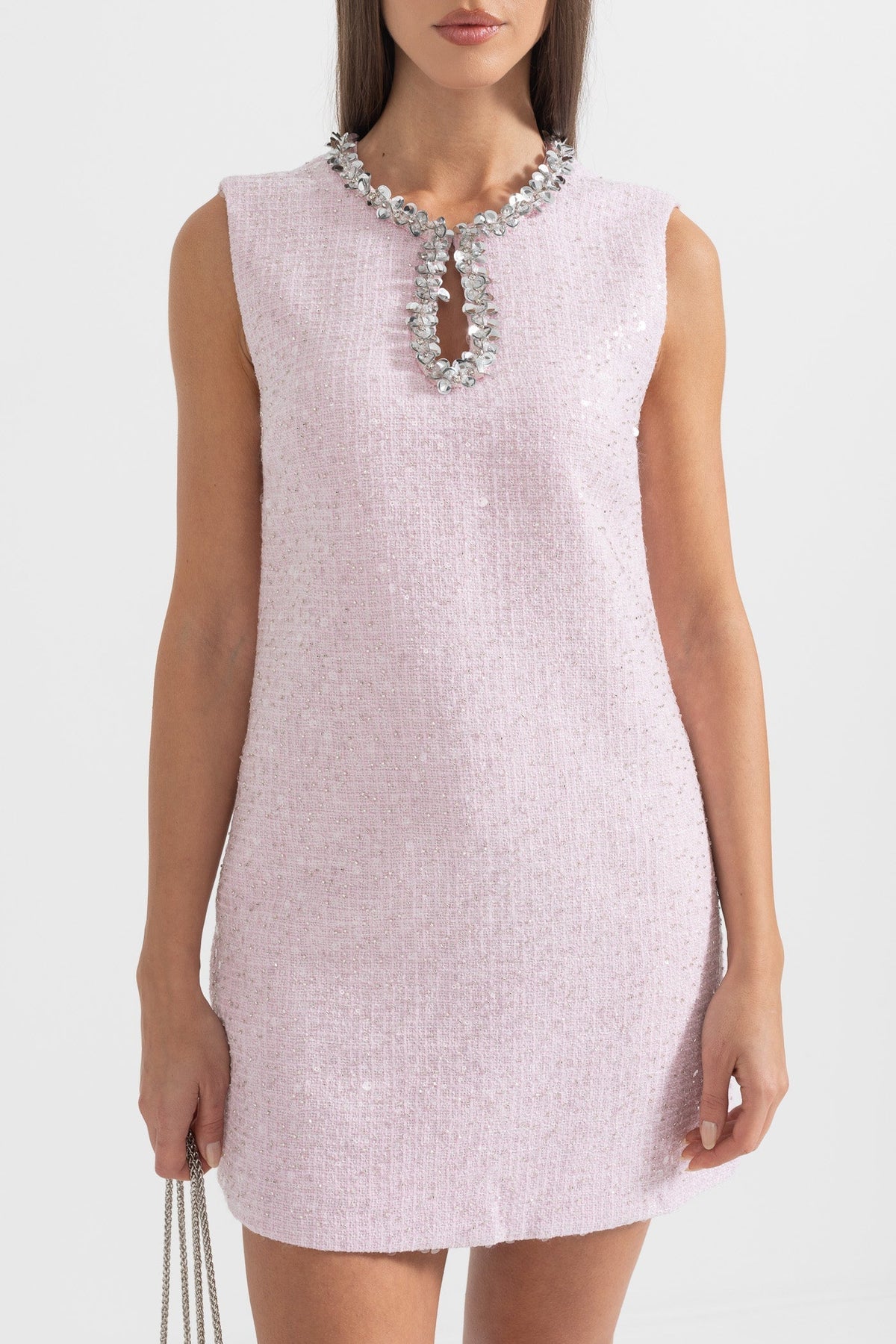 Sequin Tweed Teardrop Keyhole Floral Sequin Trim Shift Mini Dress - View 4