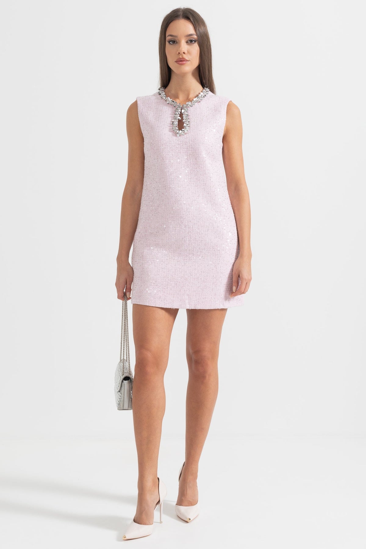 Rhinestone Keyhole Neck Sequin Tweed Sleeveless Shift Mini Dress - View 3