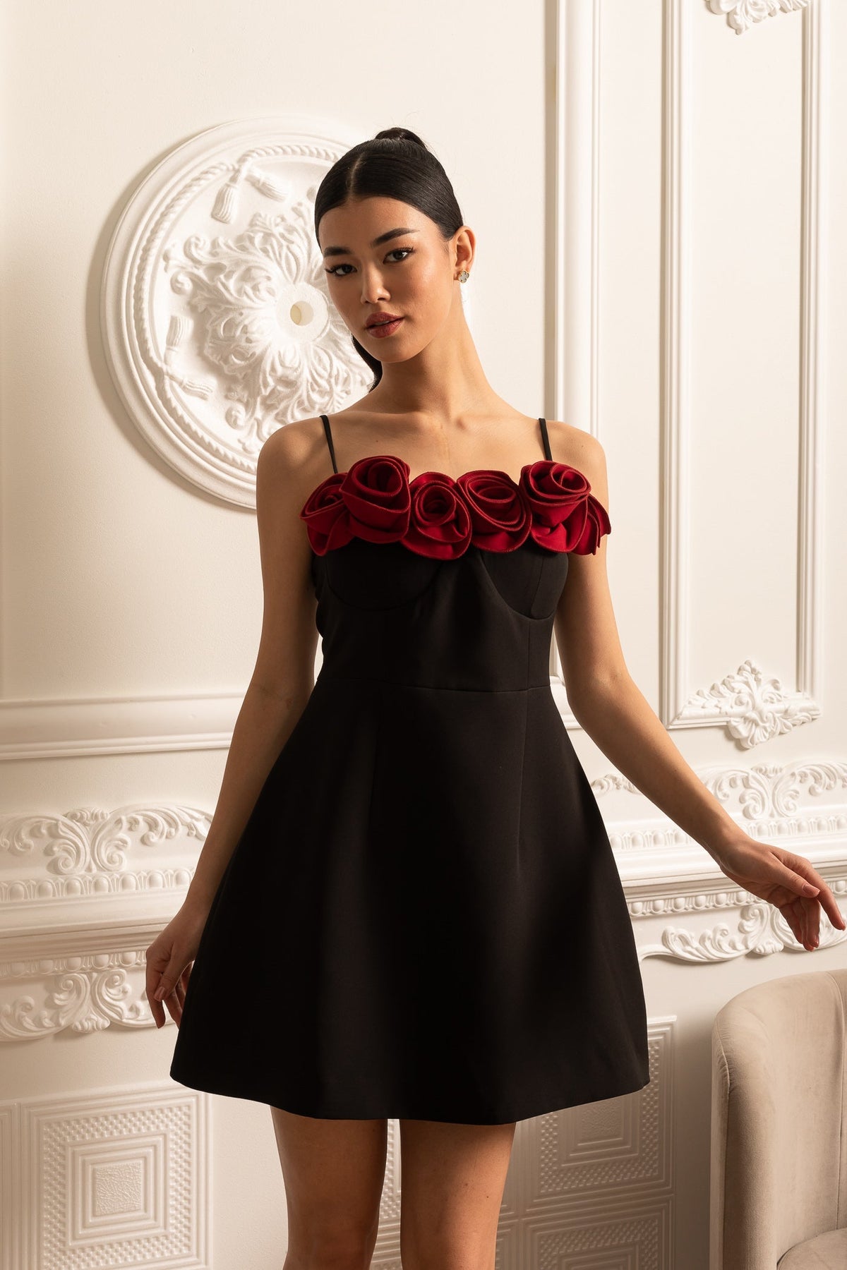 Spaghetti Strap 3D Rose Applique Corset Fit and Flare Mini Dress - View 9