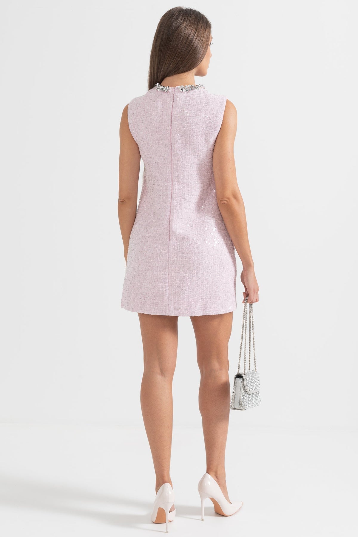 Sequin Tweed Teardrop Keyhole Floral Sequin Trim Shift Mini Dress - View 10