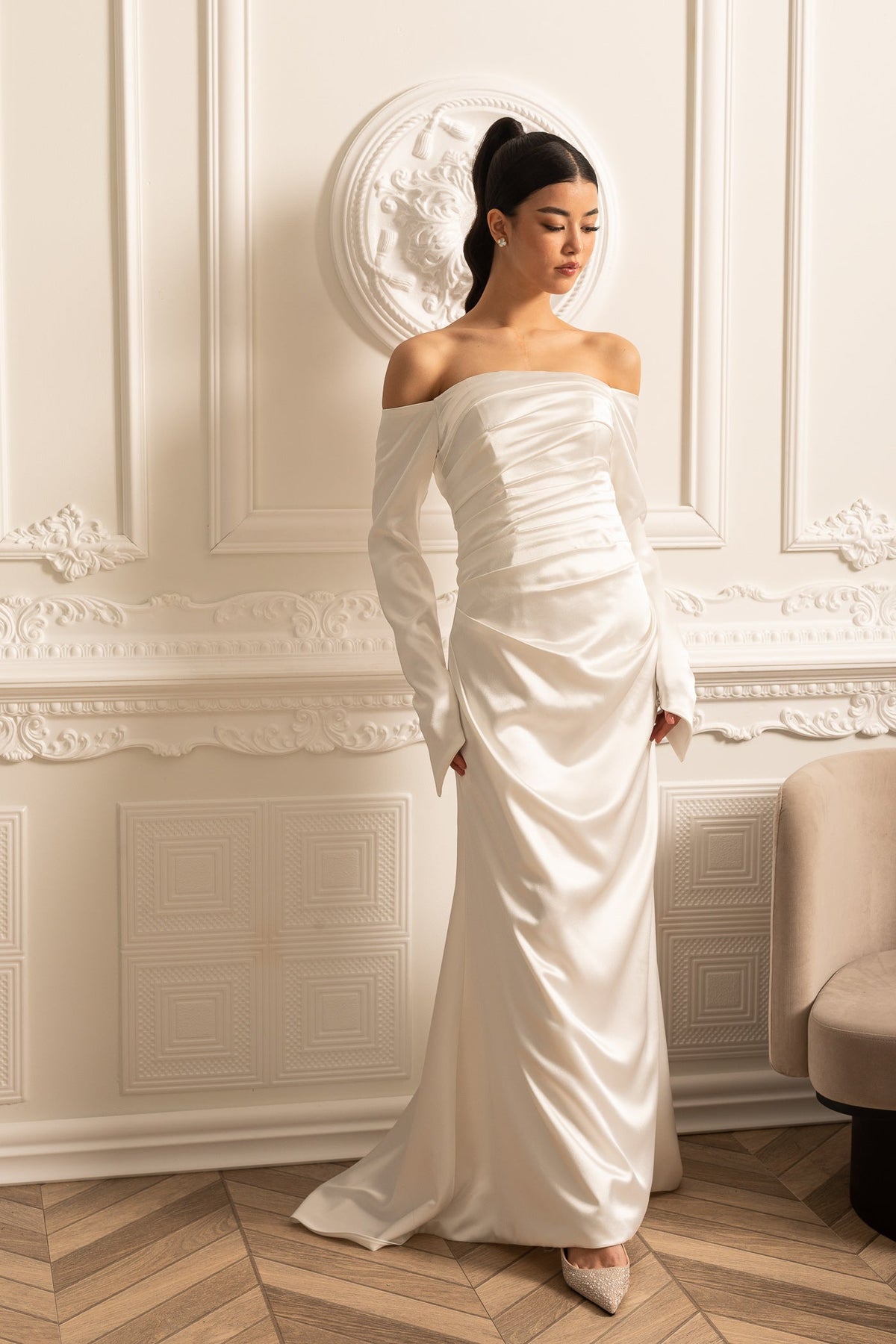 Off-Shoulder Satin Dress With Ruched Design And Draping Skirt - White - View 8