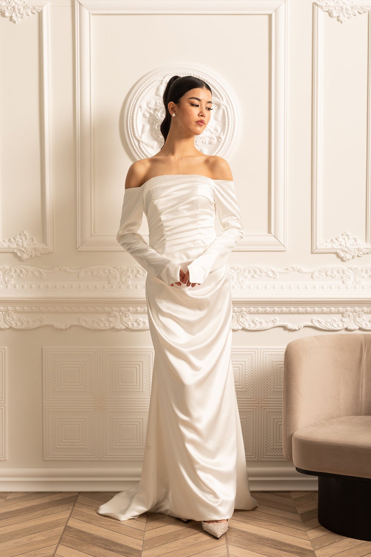 Off-Shoulder Satin Dress With Ruched Design And Draping Skirt - White - View 12
