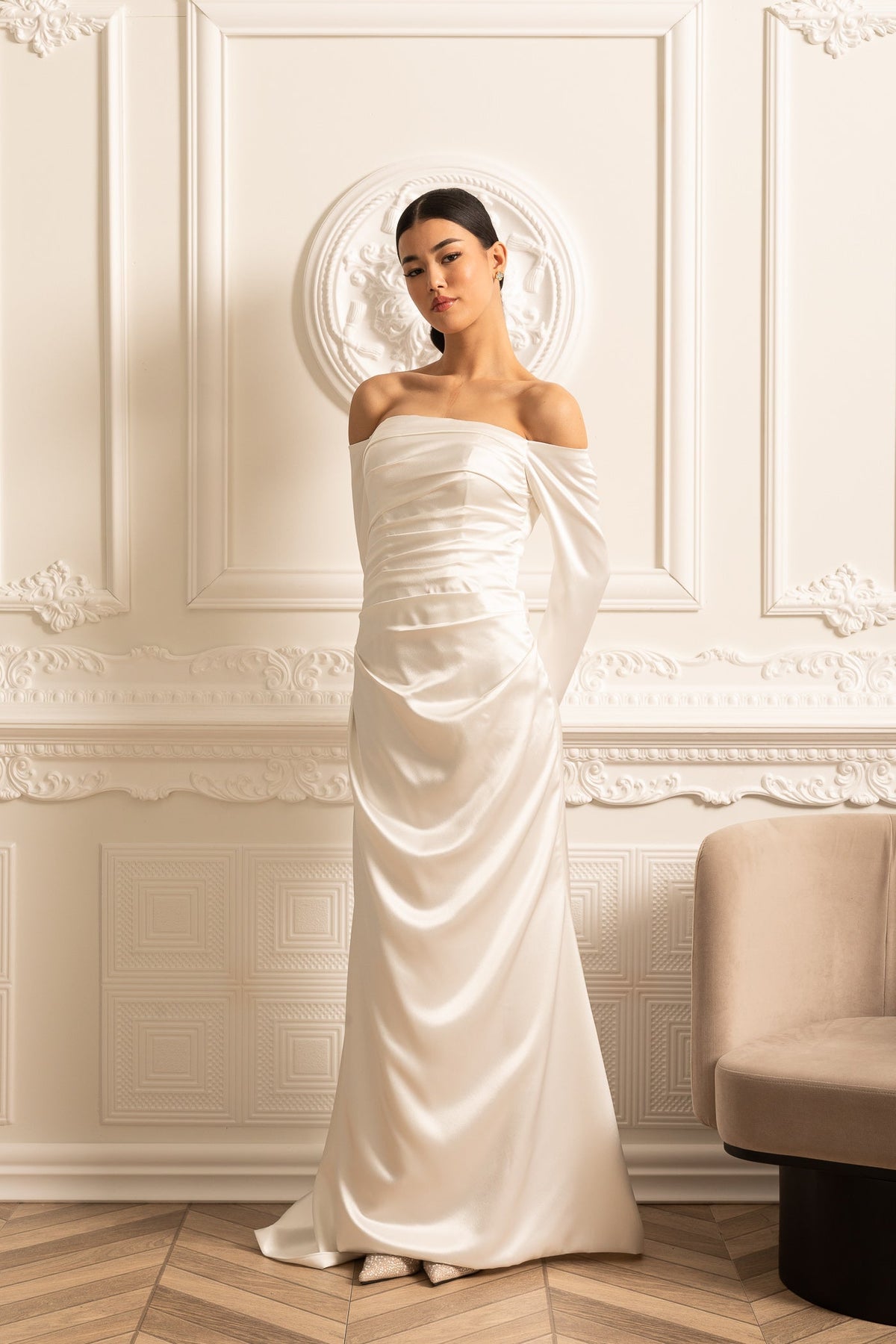 Off-Shoulder Satin Dress With Ruched Design And Draping Skirt - White - View 13