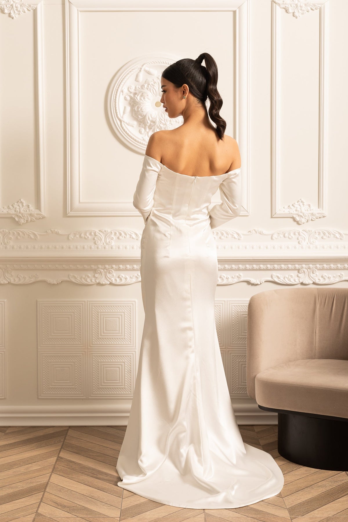 Off-Shoulder Satin Dress With Ruched Design And Draping Skirt - White - View 3
