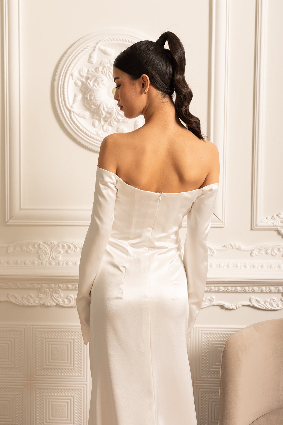 Off-Shoulder Satin Dress With Ruched Design And Draping Skirt - White - View 15