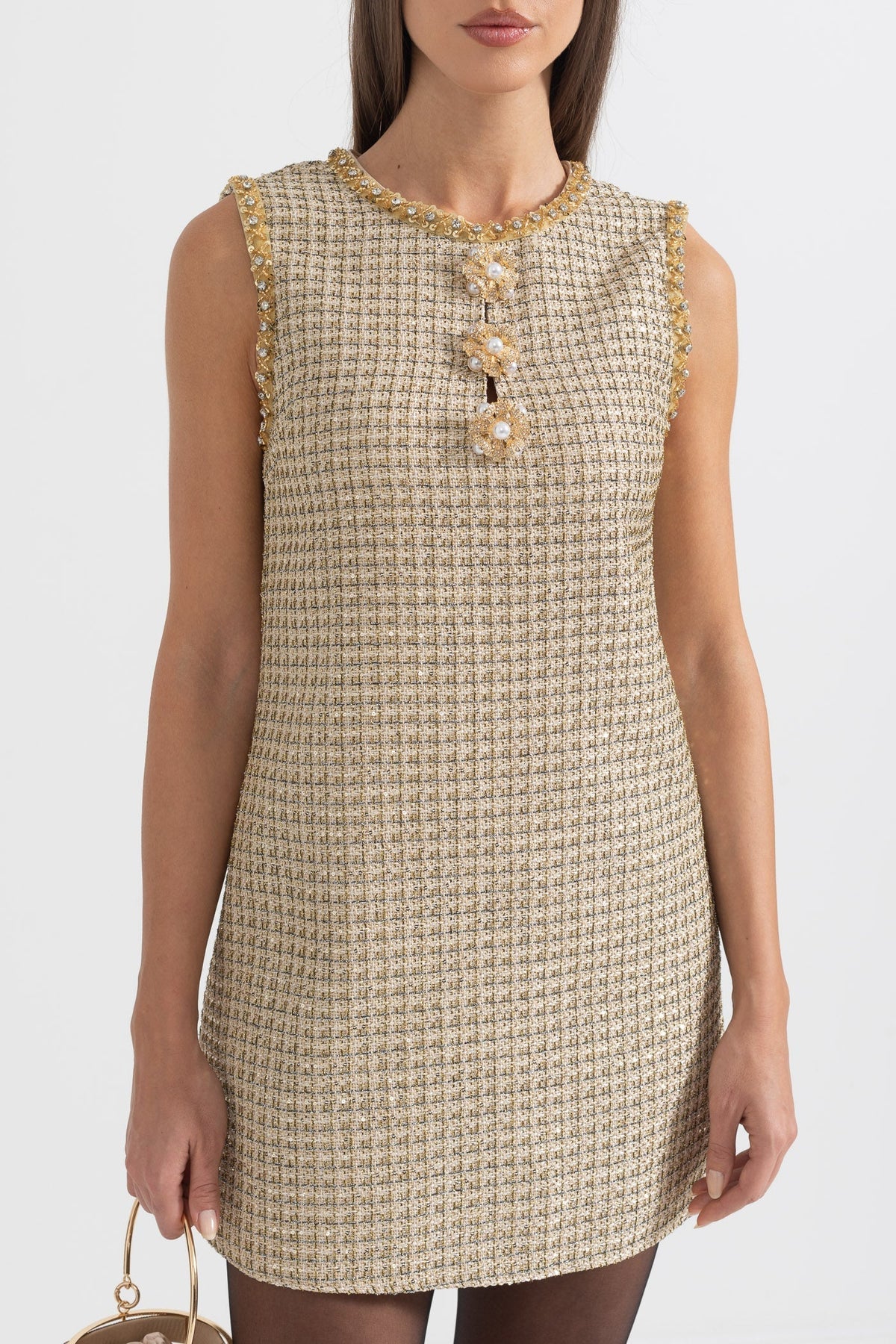 Tweed Sleeveless Crystal Braid Trim Flower Button Shift Mini Dress - View 4