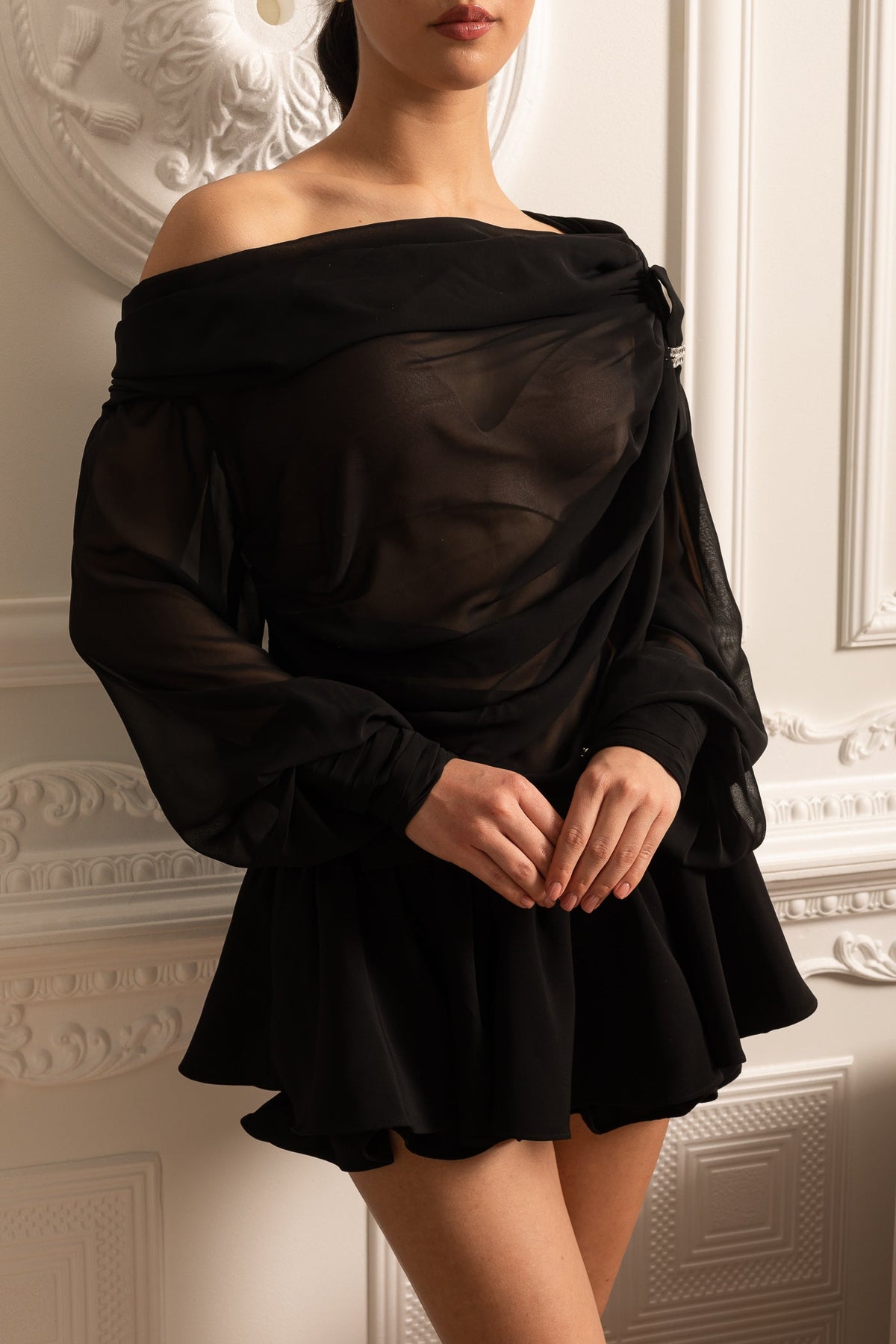 Sheer Mesh Off Shoulder Long Sleeve Rhinestone Buckle Mini Dress - View 8