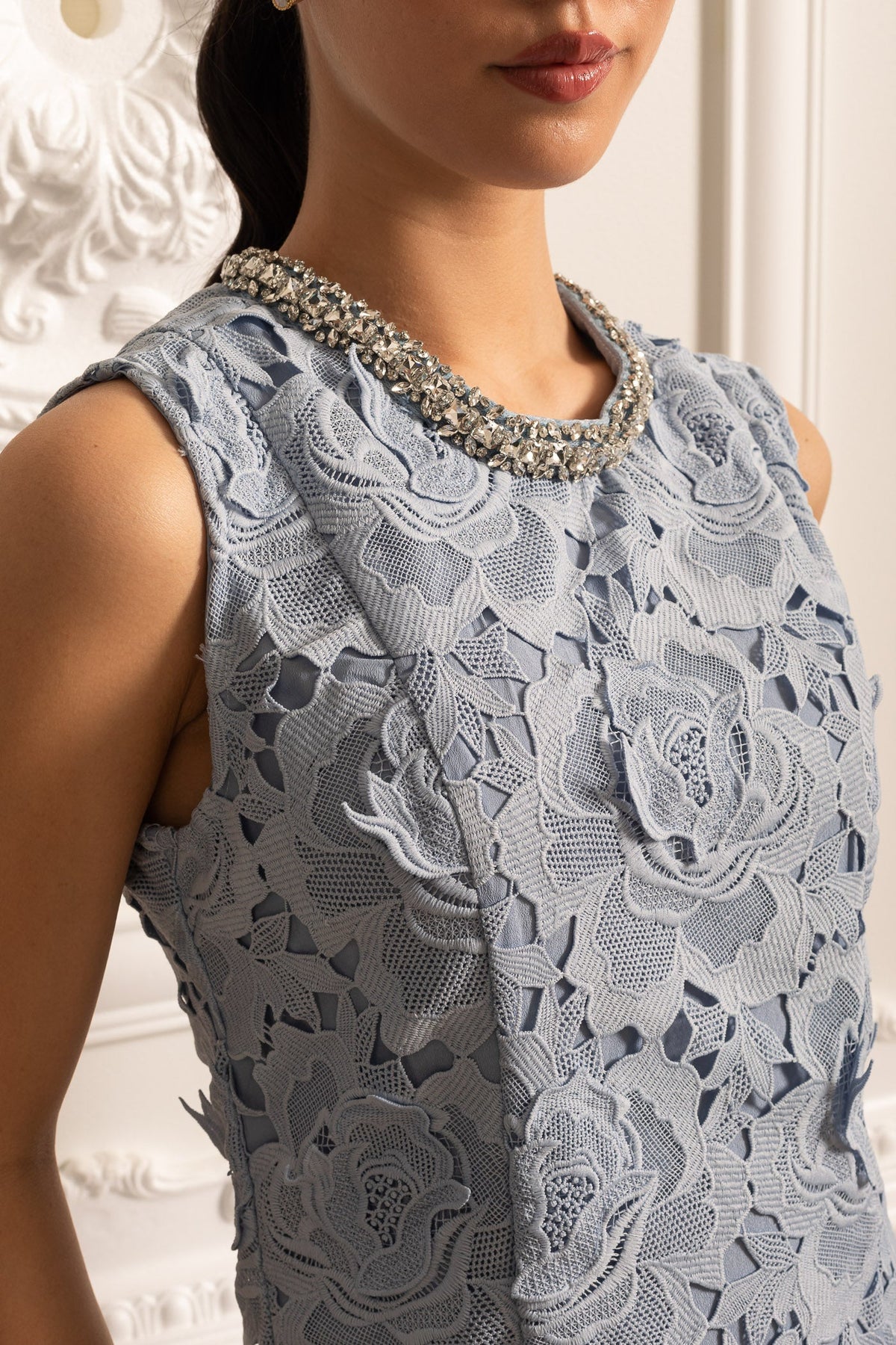 Floral Pattern Lace Mini Dress With Sparkling Neckline  - Blue - View 2