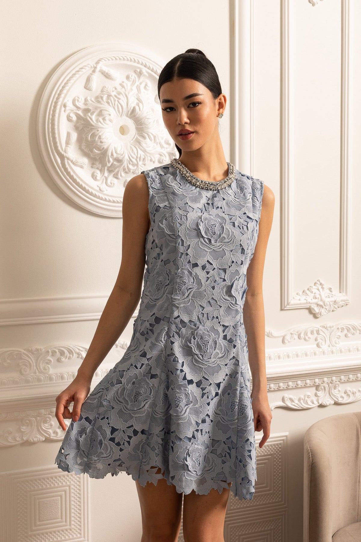 Floral Pattern Lace Mini Dress With Sparkling Neckline  - Blue - View 9