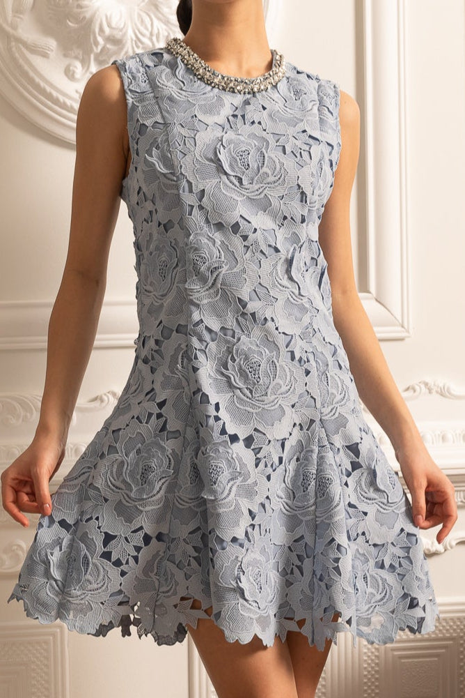 Floral Pattern Lace Mini Dress With Sparkling Neckline  - Blue - View 3