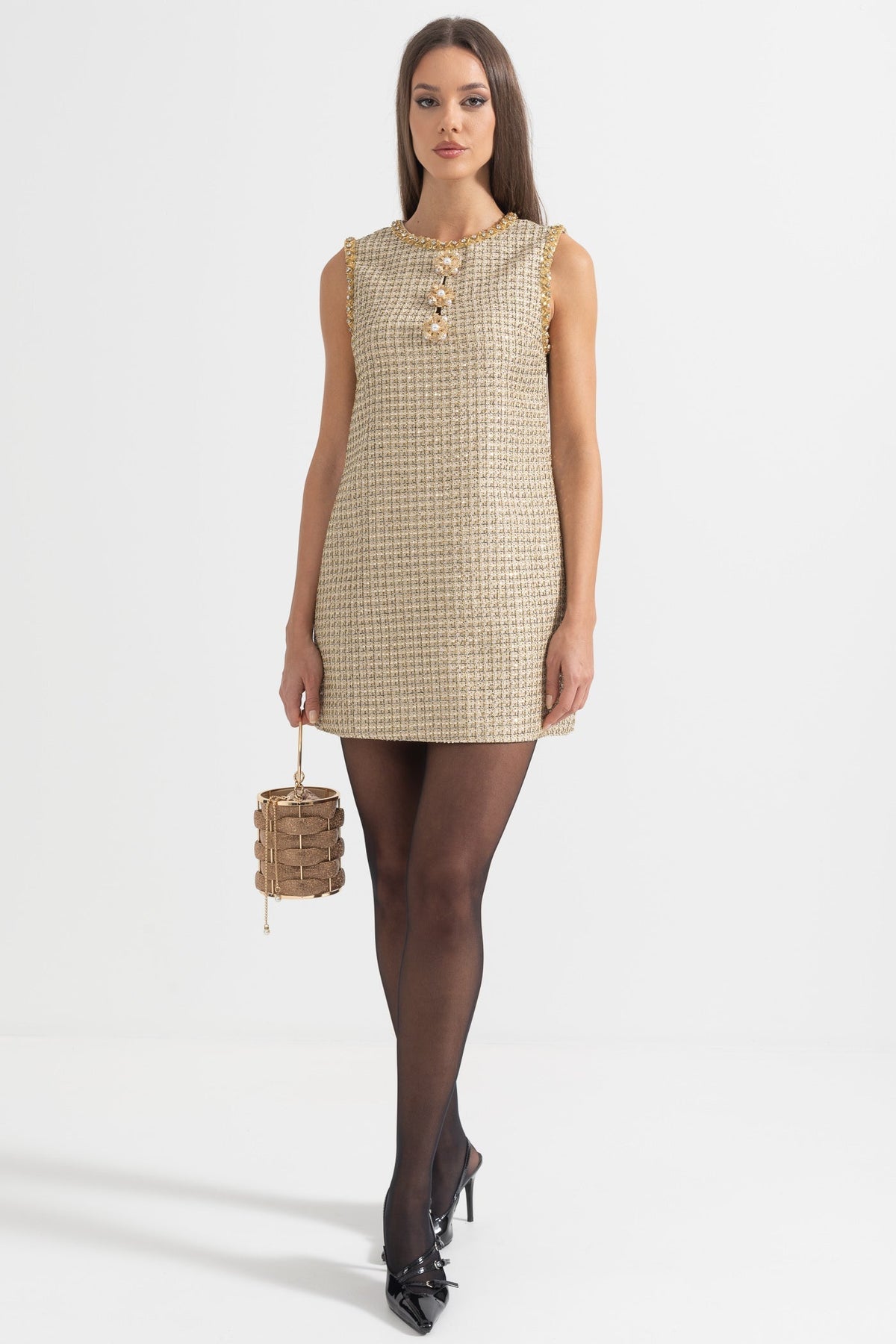 Tweed Sleeveless Crystal Braid Trim Flower Button Shift Mini Dress - View 3