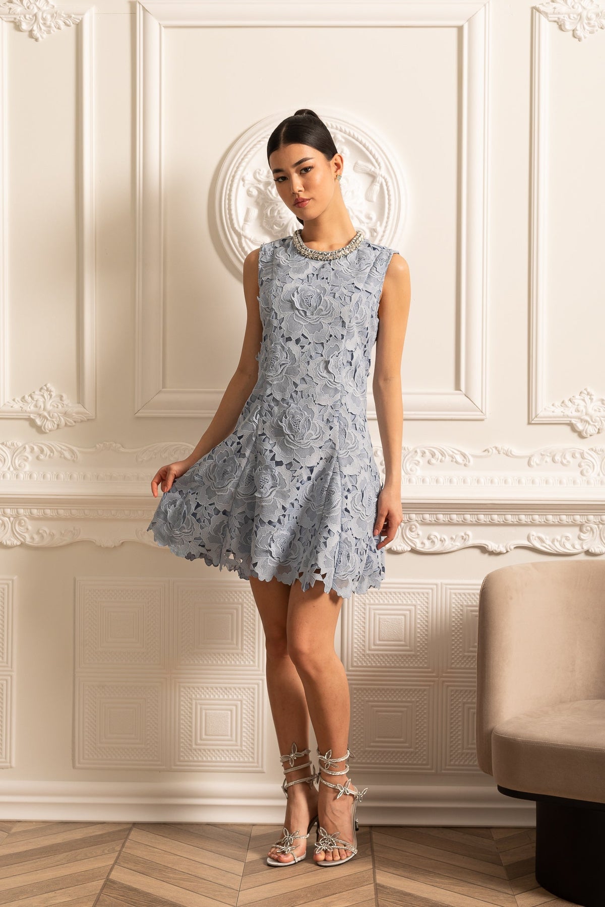 Floral Pattern Lace Mini Dress With Sparkling Neckline  - Blue - View 11