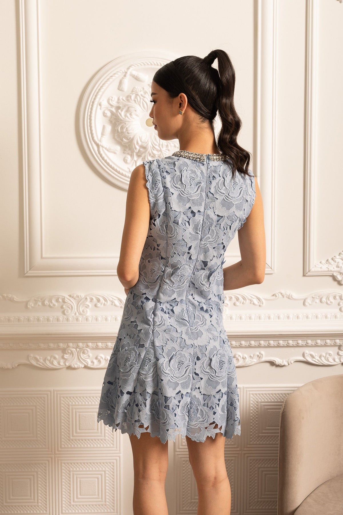 Floral Pattern Lace Mini Dress With Sparkling Neckline  - Blue - View 5