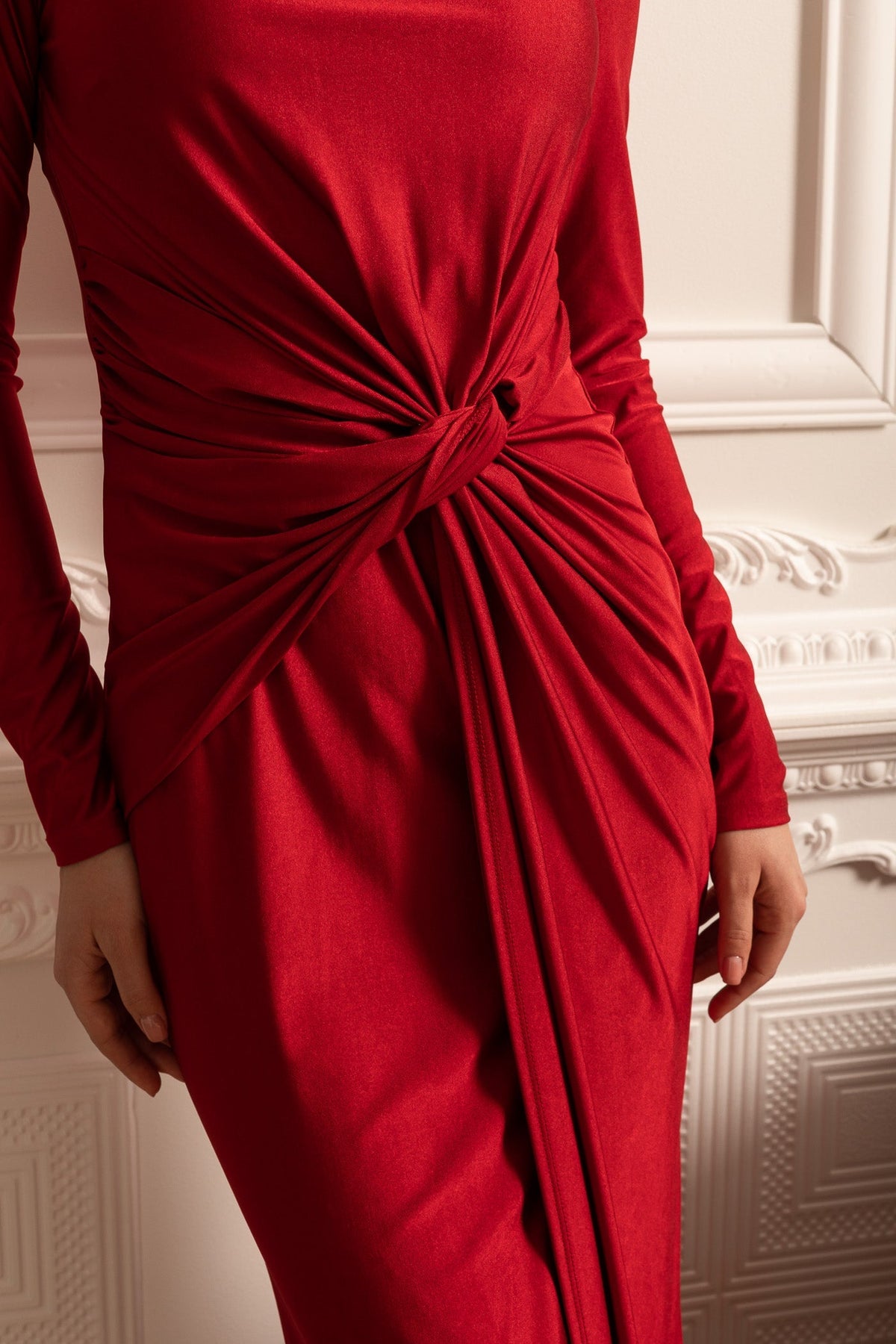 Satin Long Sleeve Twisted Waist Draped Maxi Dress - View 7