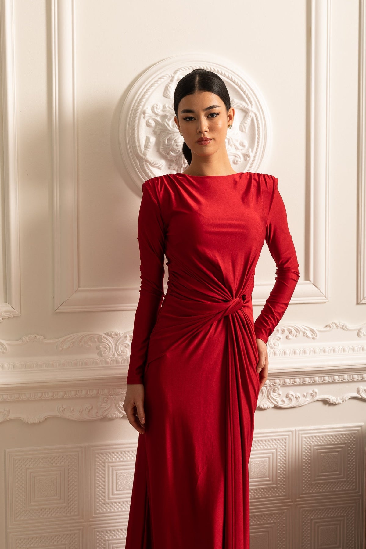 Satin Long Sleeve Twisted Waist Draped Maxi Dress - View 8
