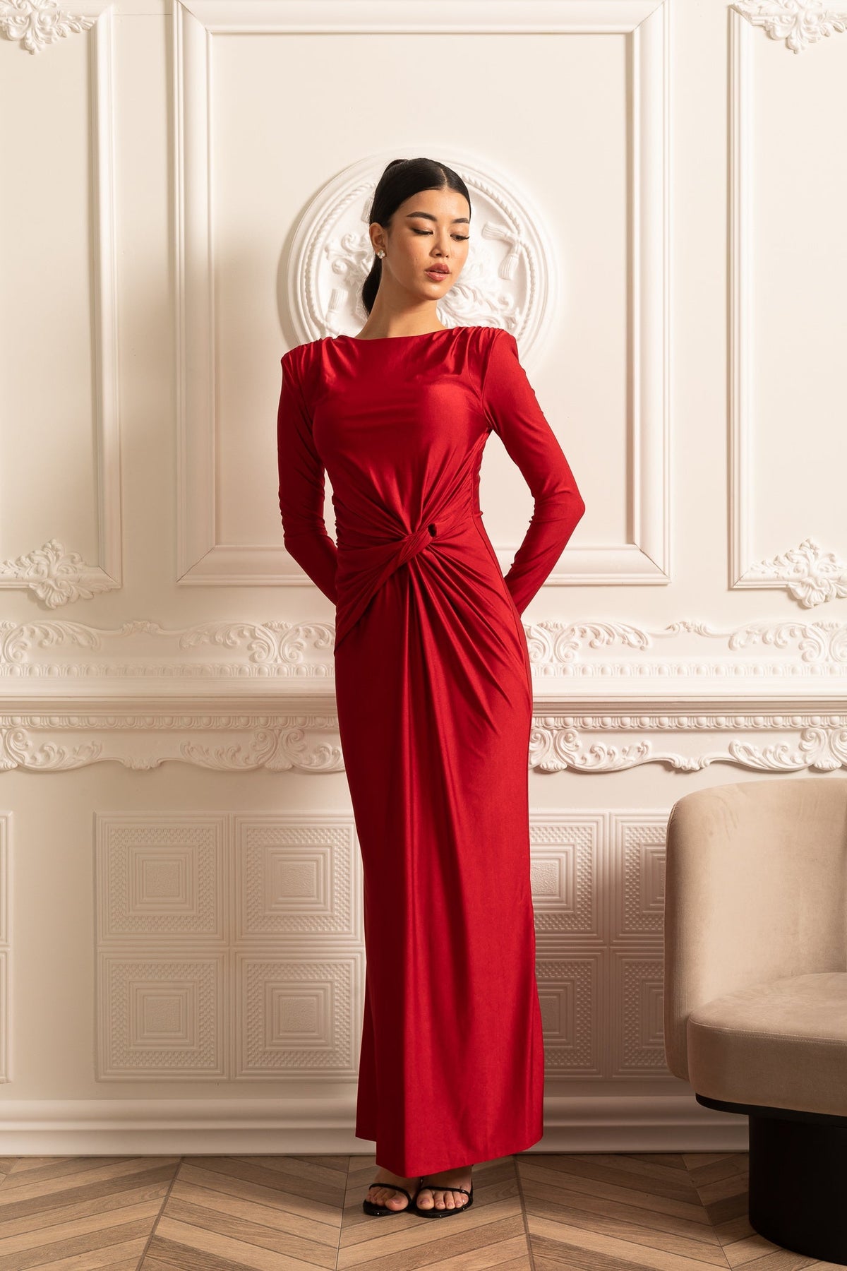 Satin Long Sleeve Twisted Waist Draped Maxi Dress - View 11