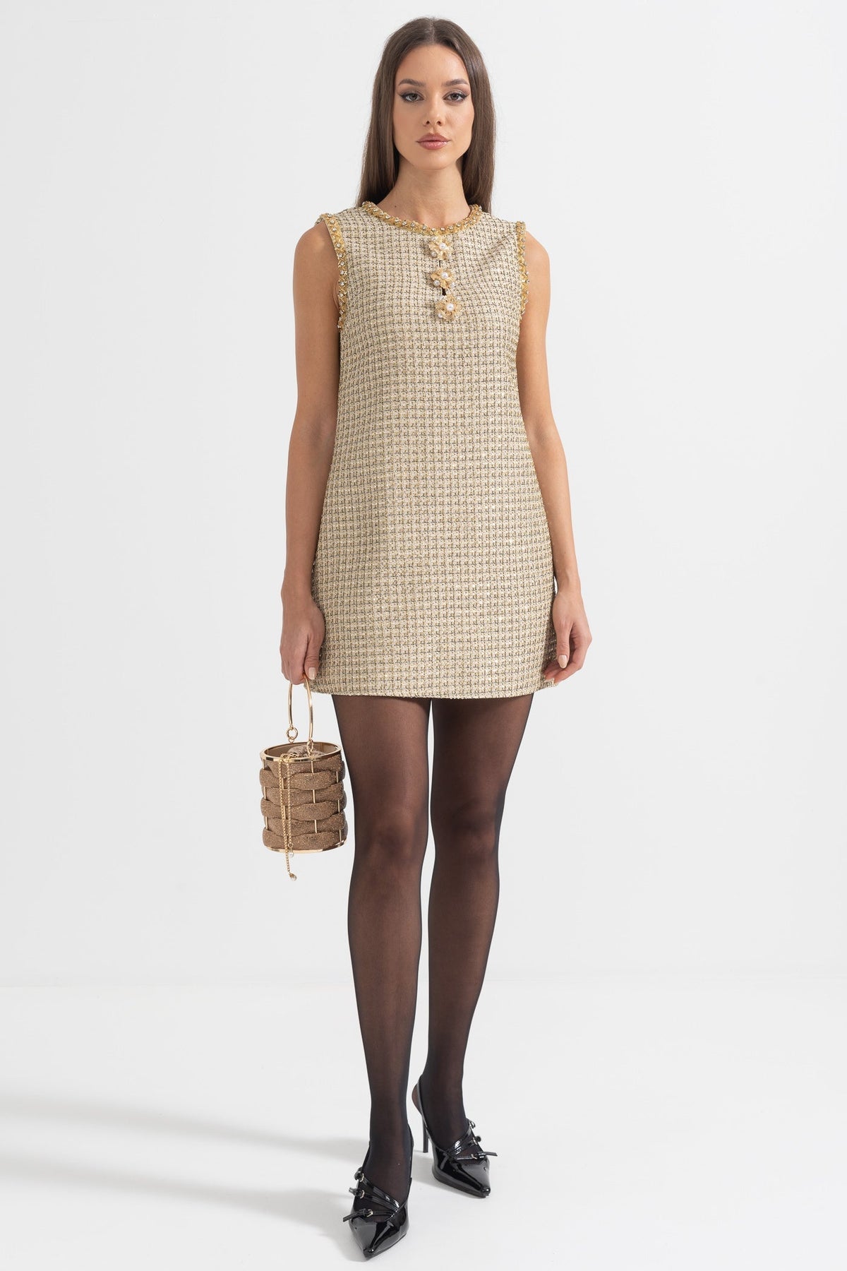 Tweed Sleeveless Crystal Braid Trim Flower Button Shift Mini Dress - View 6