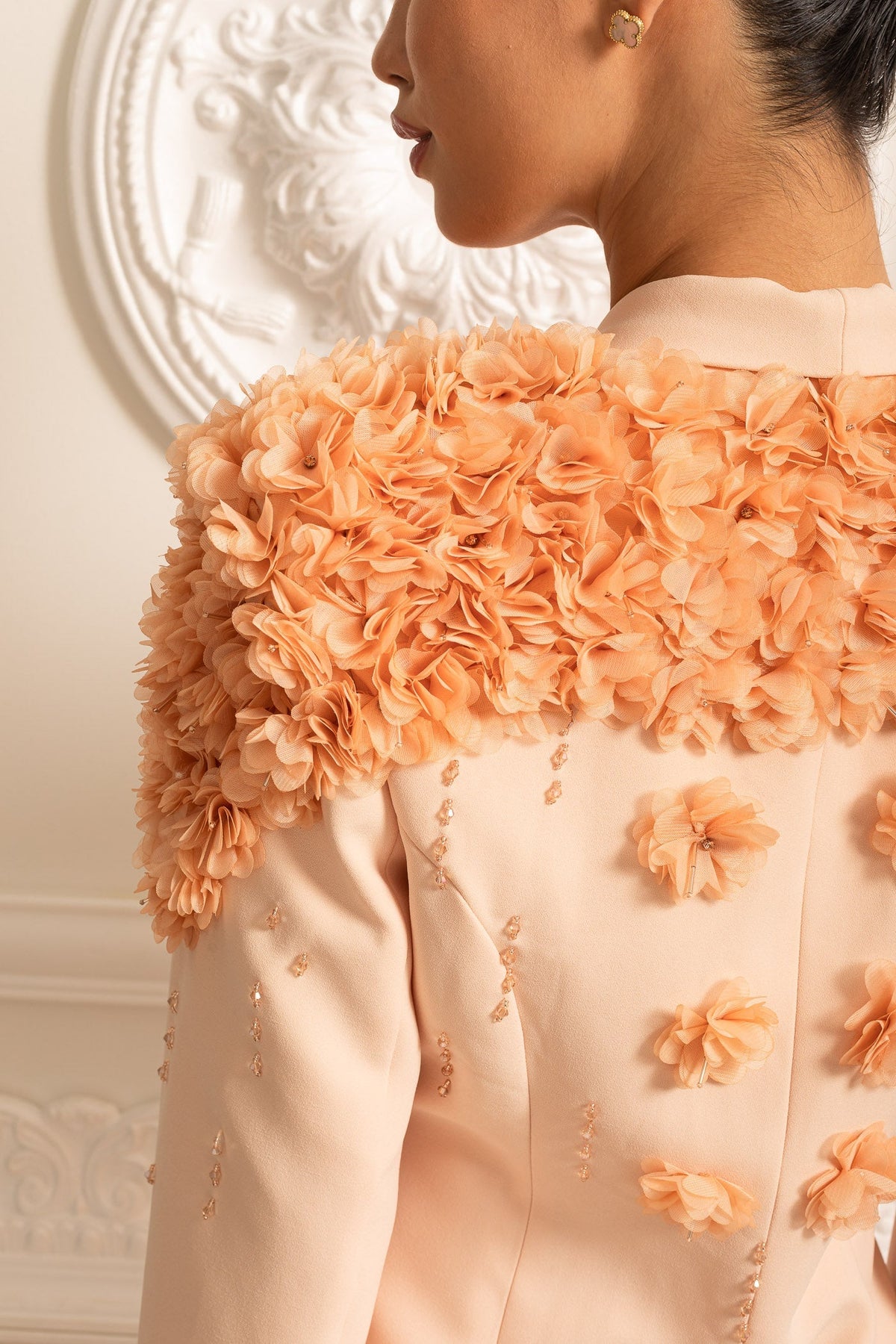3D Floral Shoulder Notched Lapel Metallic Button Blazer Gown - View 8