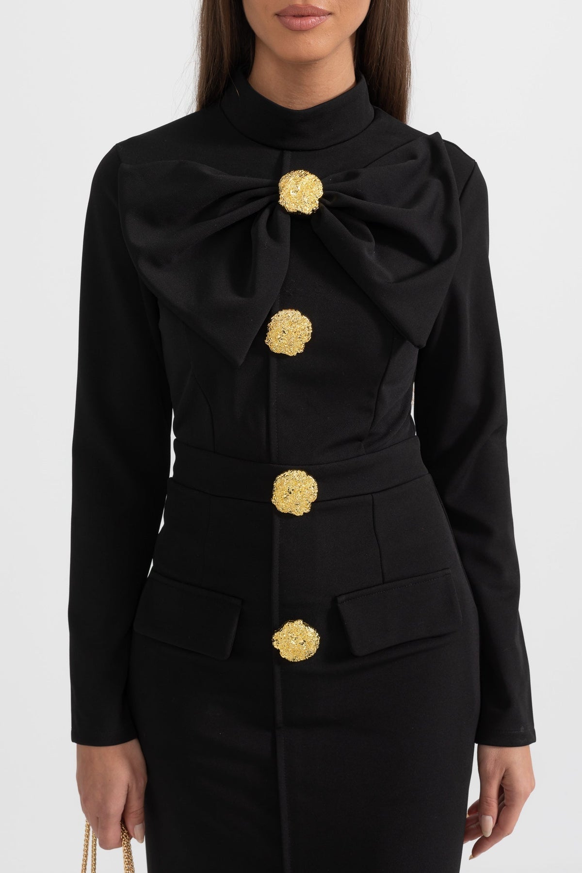 Bow Collar Mock Neck Long Sleeve Jewel Button Bodycon Midi Dress - View 5