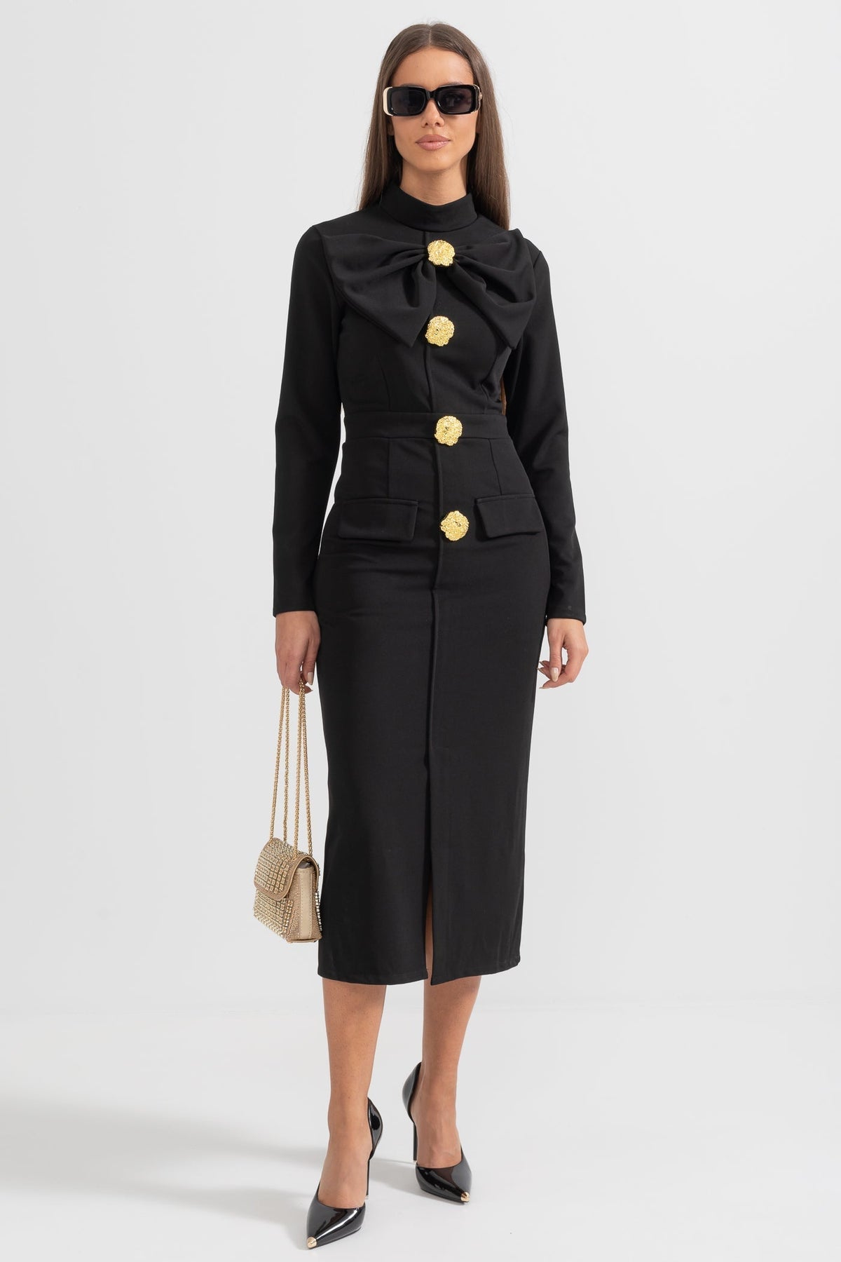 Bow Collar Mock Neck Long Sleeve Jewel Button Bodycon Midi Dress - View 7