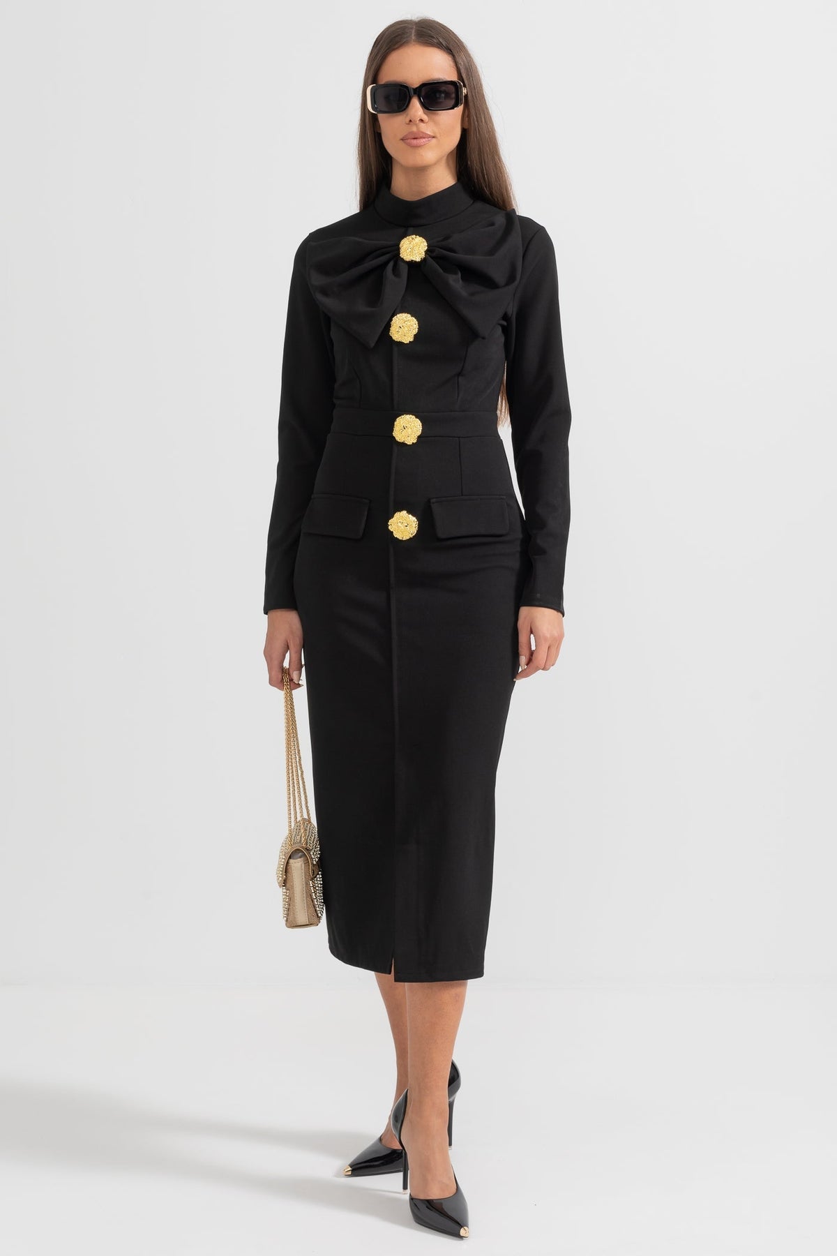 Bow Collar Mock Neck Long Sleeve Jewel Button Bodycon Midi Dress - View 6