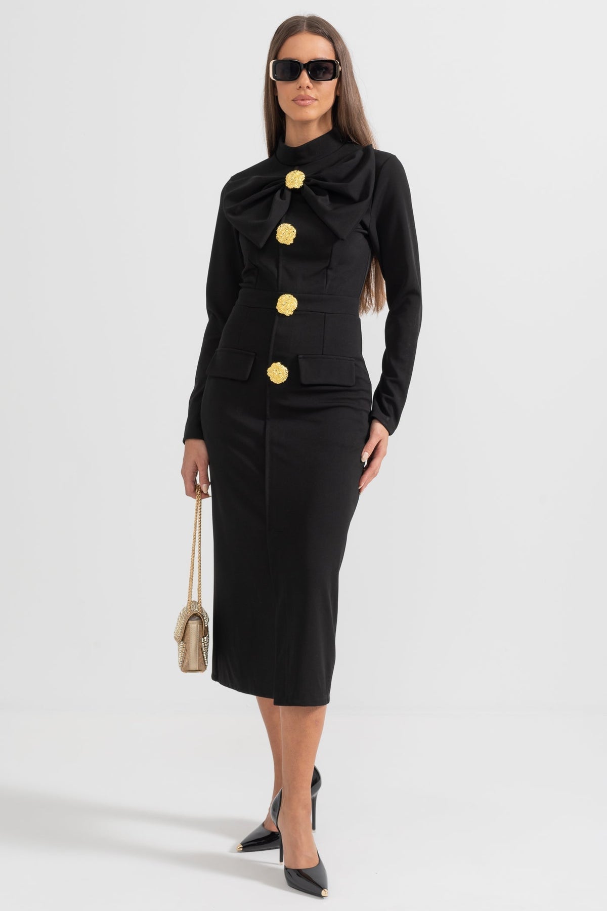 Bow Collar Mock Neck Long Sleeve Jewel Button Bodycon Midi Dress - View 4
