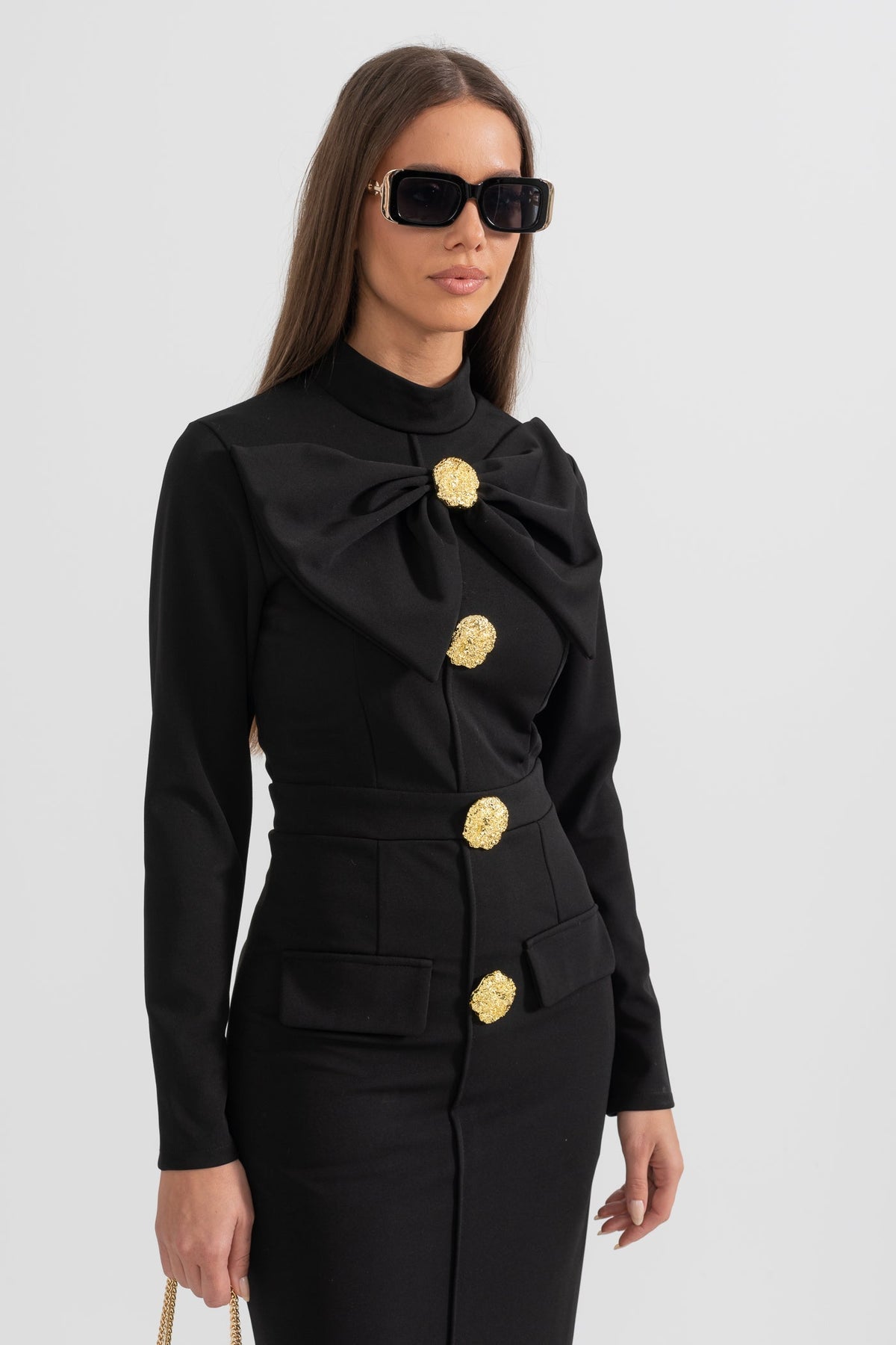 Bow Collar Mock Neck Long Sleeve Jewel Button Bodycon Midi Dress - View 3